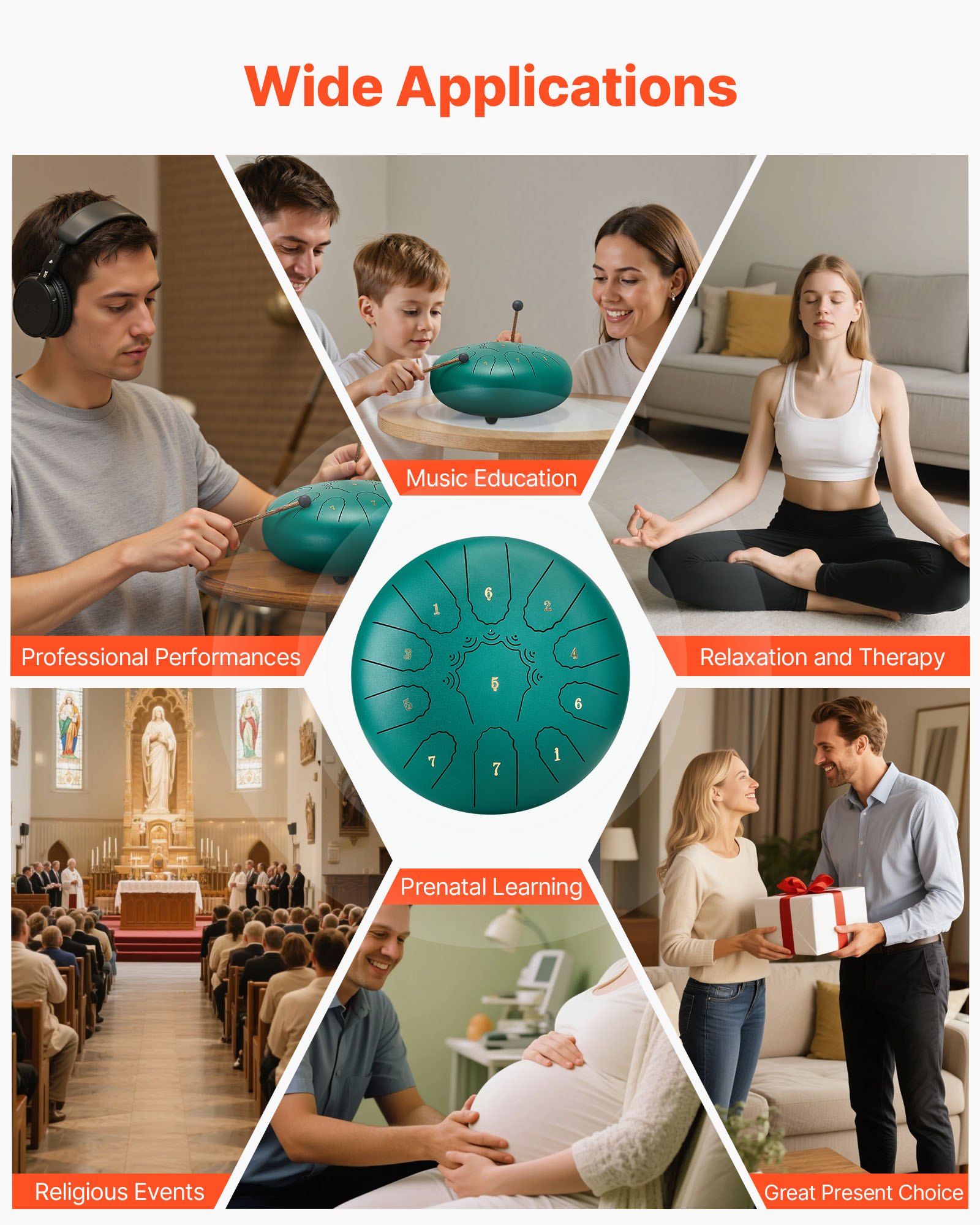 VEVOR Tambor de Lengüeta de Acero 254 mm 11 Notas, Tambor de Mano C Mayor con 2 Mazos y Bolsa de Transporte, Instrumento de Percusión, para Yoga, Meditación, Educación Musical de Principiantes, Verde