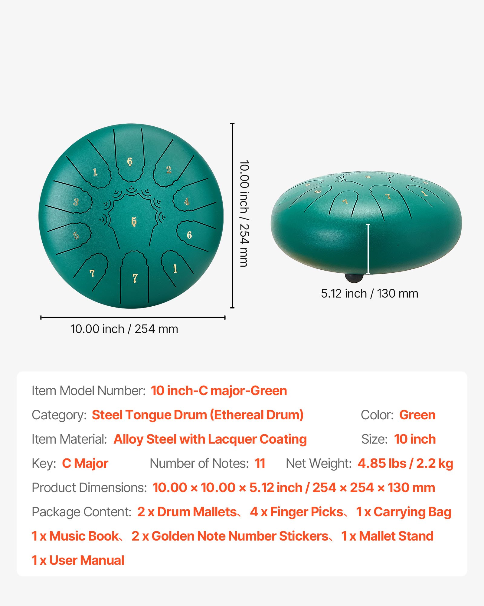 VEVOR Tambor de Lengüeta de Acero 254 mm 11 Notas, Tambor de Mano C Mayor con 2 Mazos y Bolsa de Transporte, Instrumento de Percusión, para Yoga, Meditación, Educación Musical de Principiantes, Verde