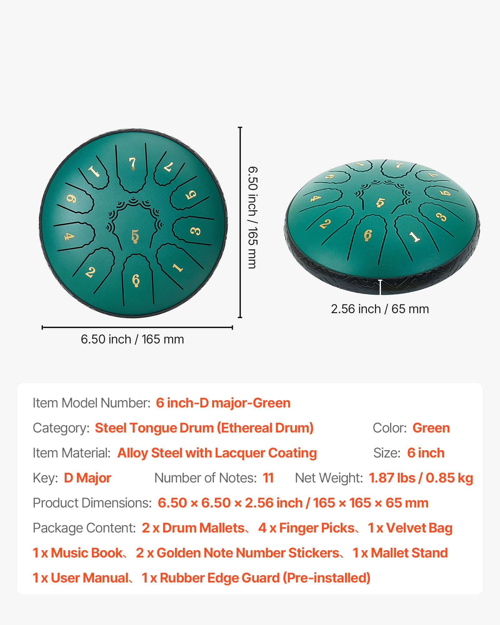 VEVOR Steel Tongue Drum, 16.5cm 11 Notes Rain Drum for Outside Garden, D Major Musical Drums with Music Book & Mallets, Percussion Instrument for Meditation Yoga Beginner Musical Education, Green