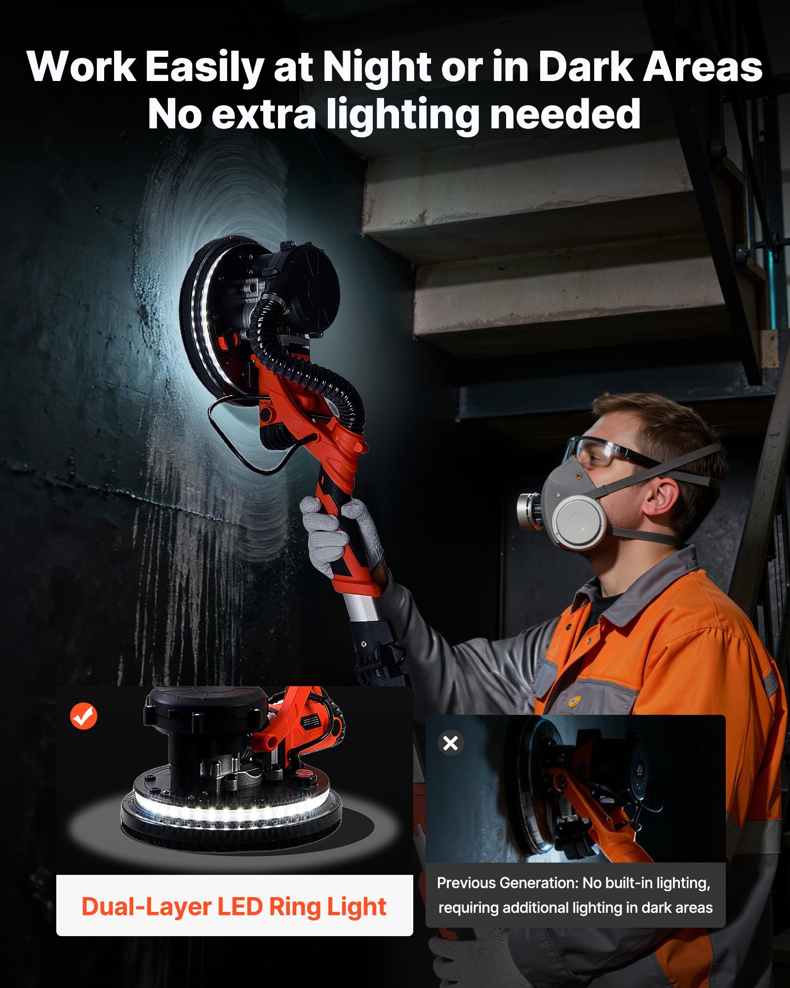 VEVOR Lijadora de Pared y Techo 1150W, Lijadora Jirafa, 5 Velocidades 800-1700 RPM, Tubo Telescópico 1,4-1,8 m, Aspiradora LED Integrados, 15 Hojas de Papel de Lija, Pulidora para Pared de Yeso Gotelé
