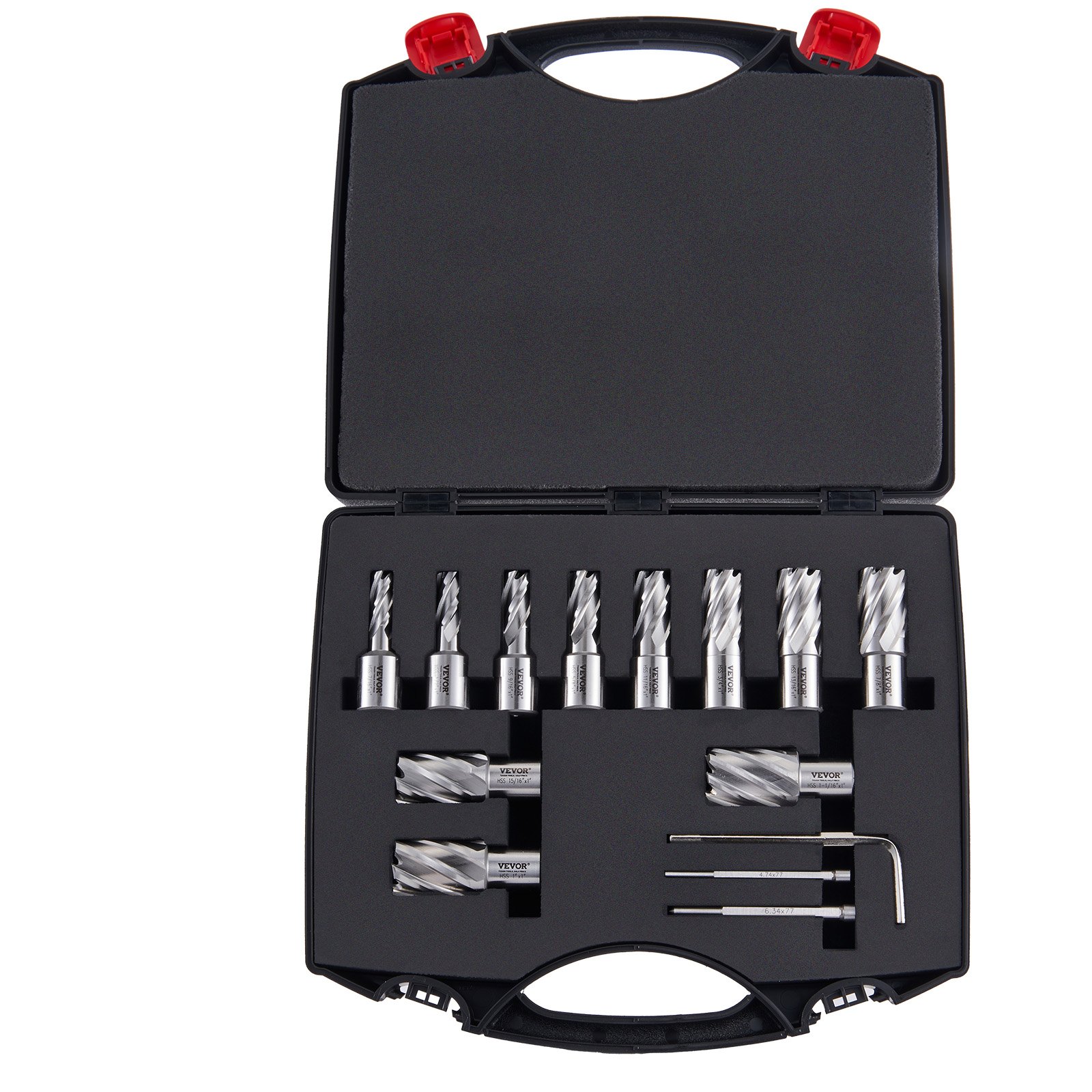 VEVOR Juego de 11 Brocas Perforadoras Cortadoras Anulares con Accesorios Vástago Weldon Diámetro 11-27 mm Profundidad de 25 mm en Acero Rápido HSS Accesorios para Perforación Magnética en Metales