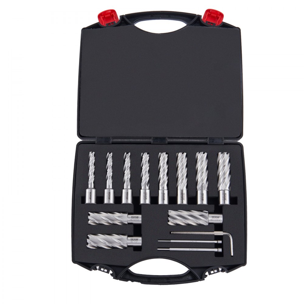 VEVOR Juego de 11 Brocas Perforadoras Cortadoras Anulares con Accesorios Vástago Weldon Diámetro 11-27 mm Profundidad de 50,8 mm en Acero Rápido HSS Accesorios para Perforación Magnética en Metales