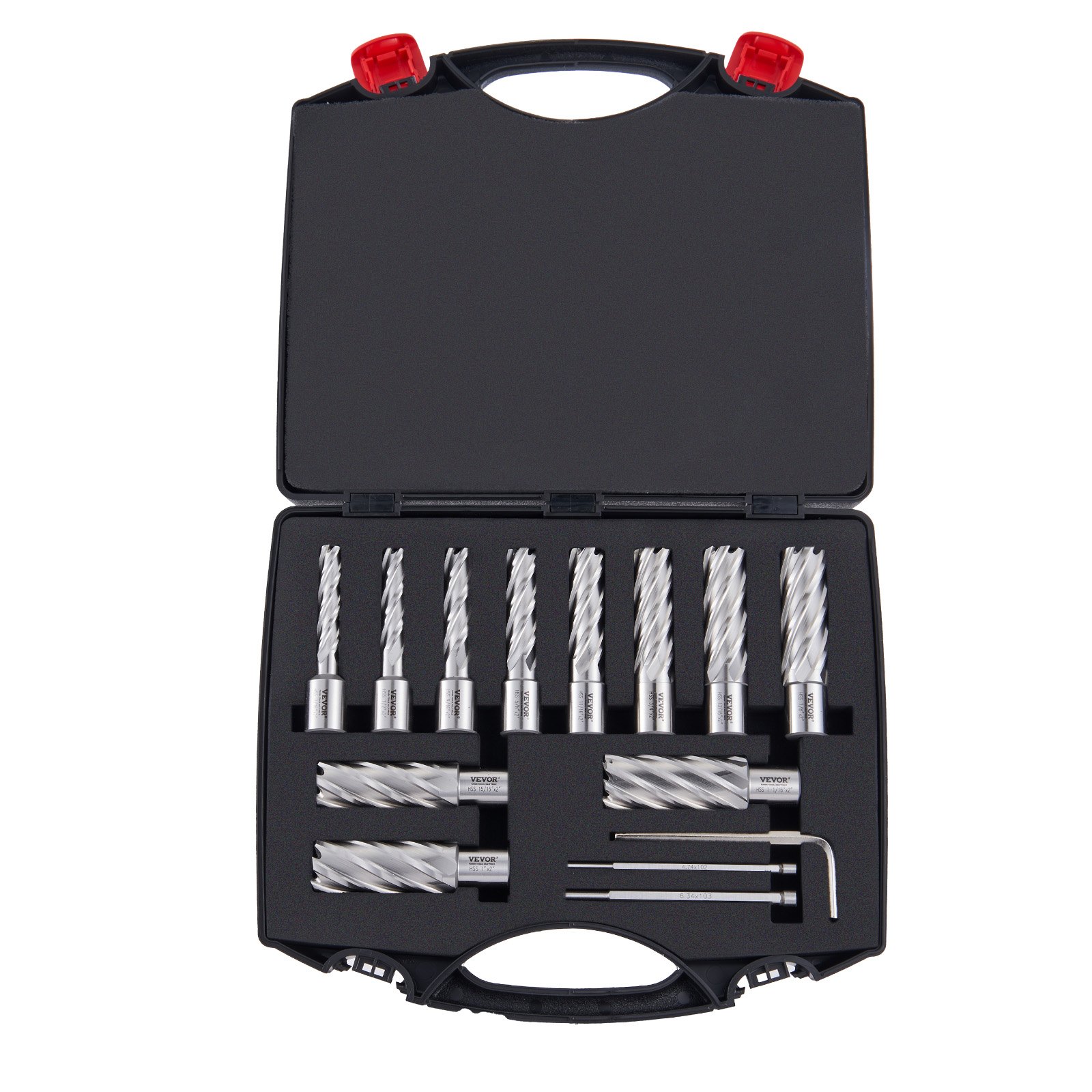 VEVOR Juego de 11 Brocas Perforadoras Cortadoras Anulares con Accesorios Vástago Weldon Diámetro 11-27 mm Profundidad de 50,8 mm en Acero Rápido HSS Accesorios para Perforación Magnética en Metales