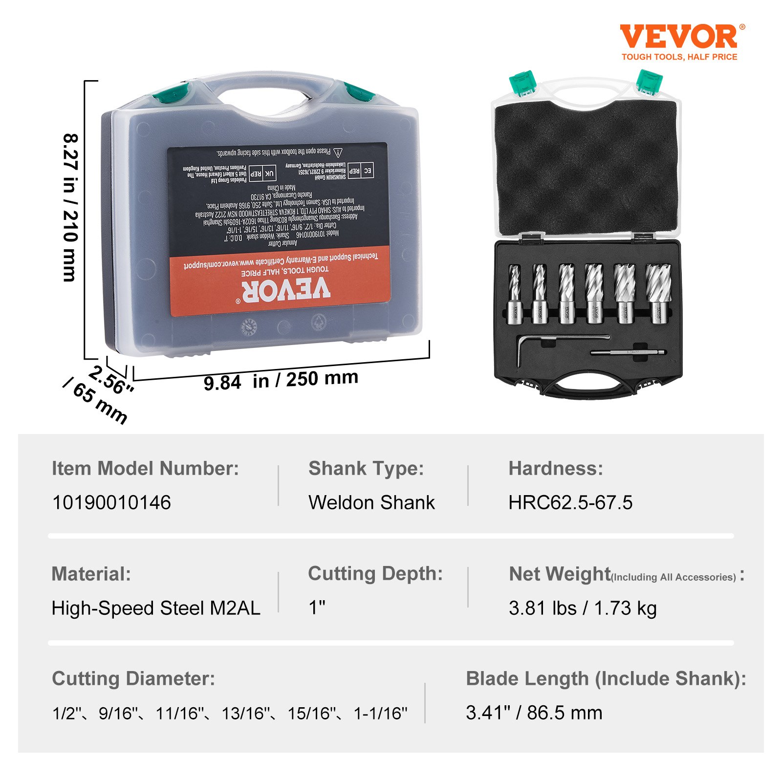VEVOR Juego de 6 Brocas Perforadoras Cortadoras Anulares con Accesorios Vástago Weldon Diámetro 13-27 mm Profundidad de 25 mm en Acero Rápido HSS Accesorios para Perforación Magnética en Metales