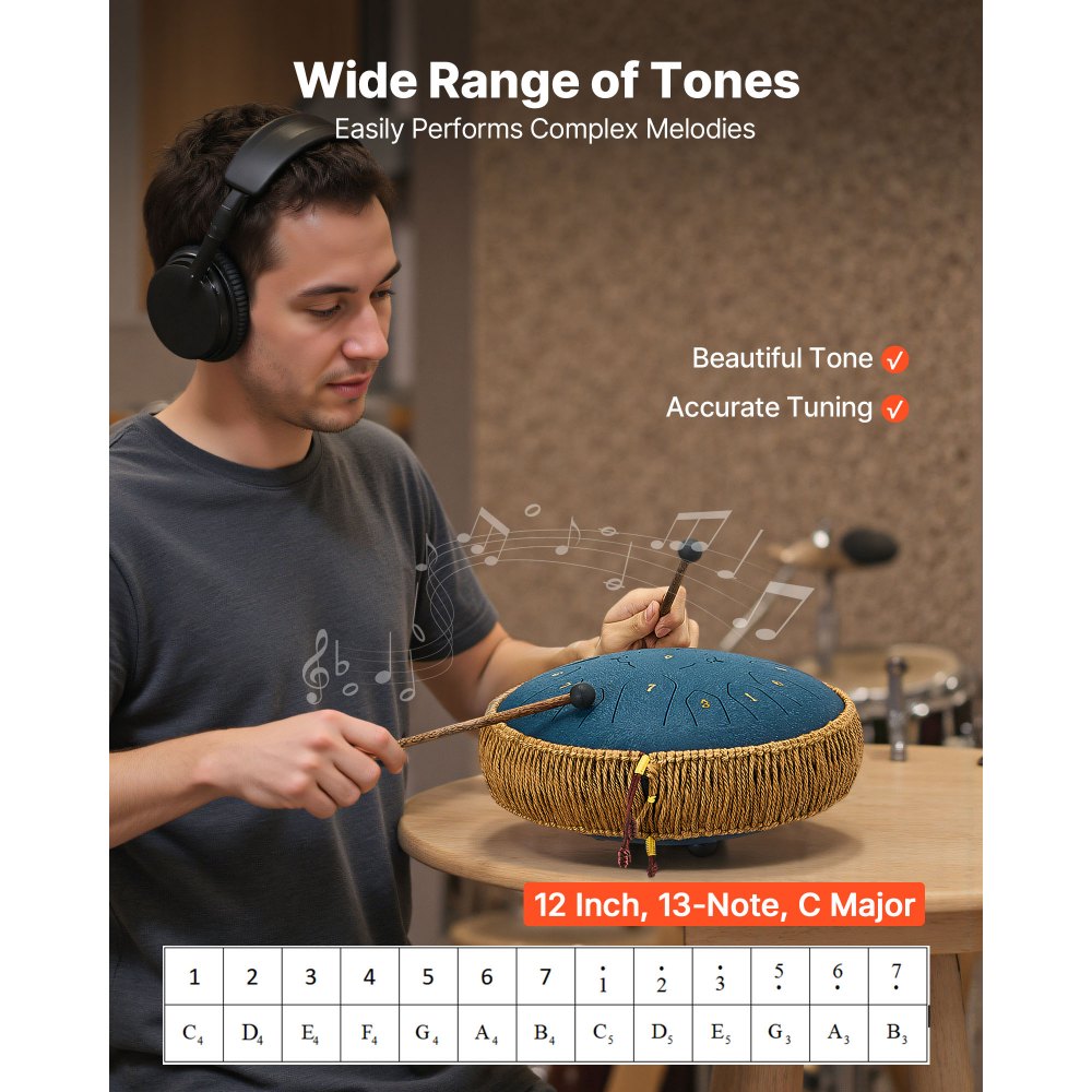VEVOR Tambor de Lengüeta de Acero 305 mm 13 Notas, Tambor de Mano C Mayor con 2 Mazos y Bolsa de Transporte, Instrumento de Percusión, para Yoga, Meditación, Educación Musical de Principiantes, Azul