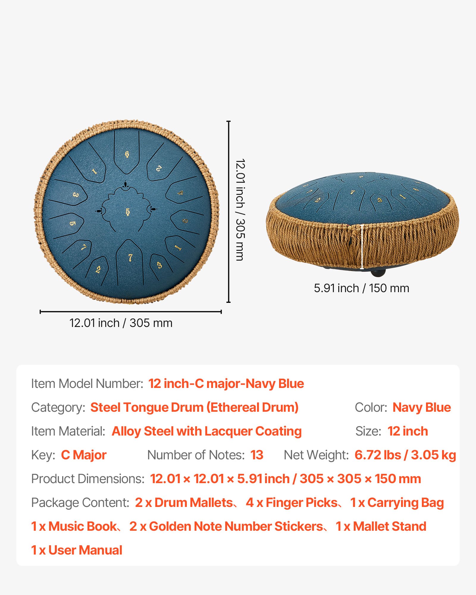 VEVOR Tambor de Lengüeta de Acero 305 mm 13 Notas, Tambor de Mano C Mayor con 2 Mazos y Bolsa de Transporte, Instrumento de Percusión, para Yoga, Meditación, Educación Musical de Principiantes, Azul