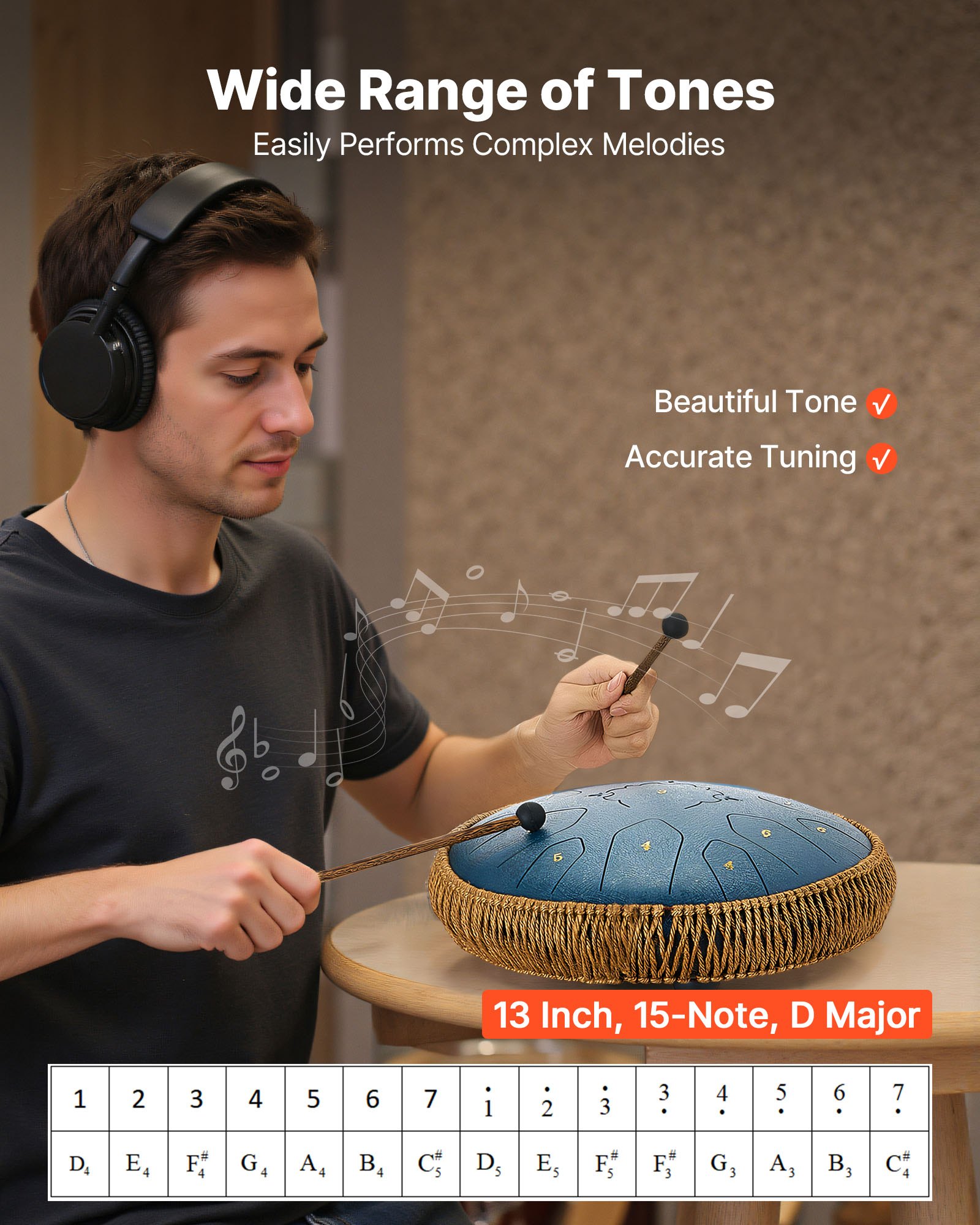 VEVOR Tambor de Lengüeta de Acero 330 mm 15 Notas, Tambor de Mano D Mayor con 2 Mazos y Bolsa de Transporte, Instrumento de Percusión, para Yoga, Meditación, Educación Musical de Principiantes, Azul