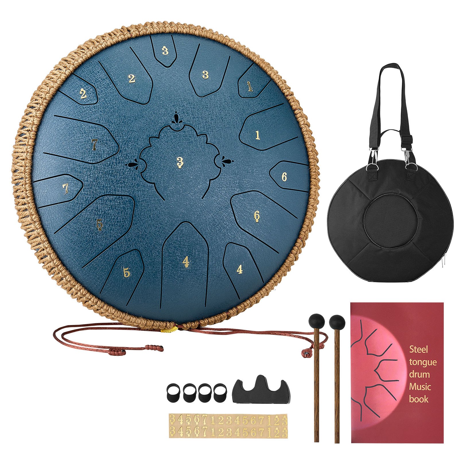 VEVOR Tambor de Lengüeta de Acero 330 mm 15 Notas, Tambor de Mano D Mayor con 2 Mazos y Bolsa de Transporte, Instrumento de Percusión, para Yoga, Meditación, Educación Musical de Principiantes, Azul