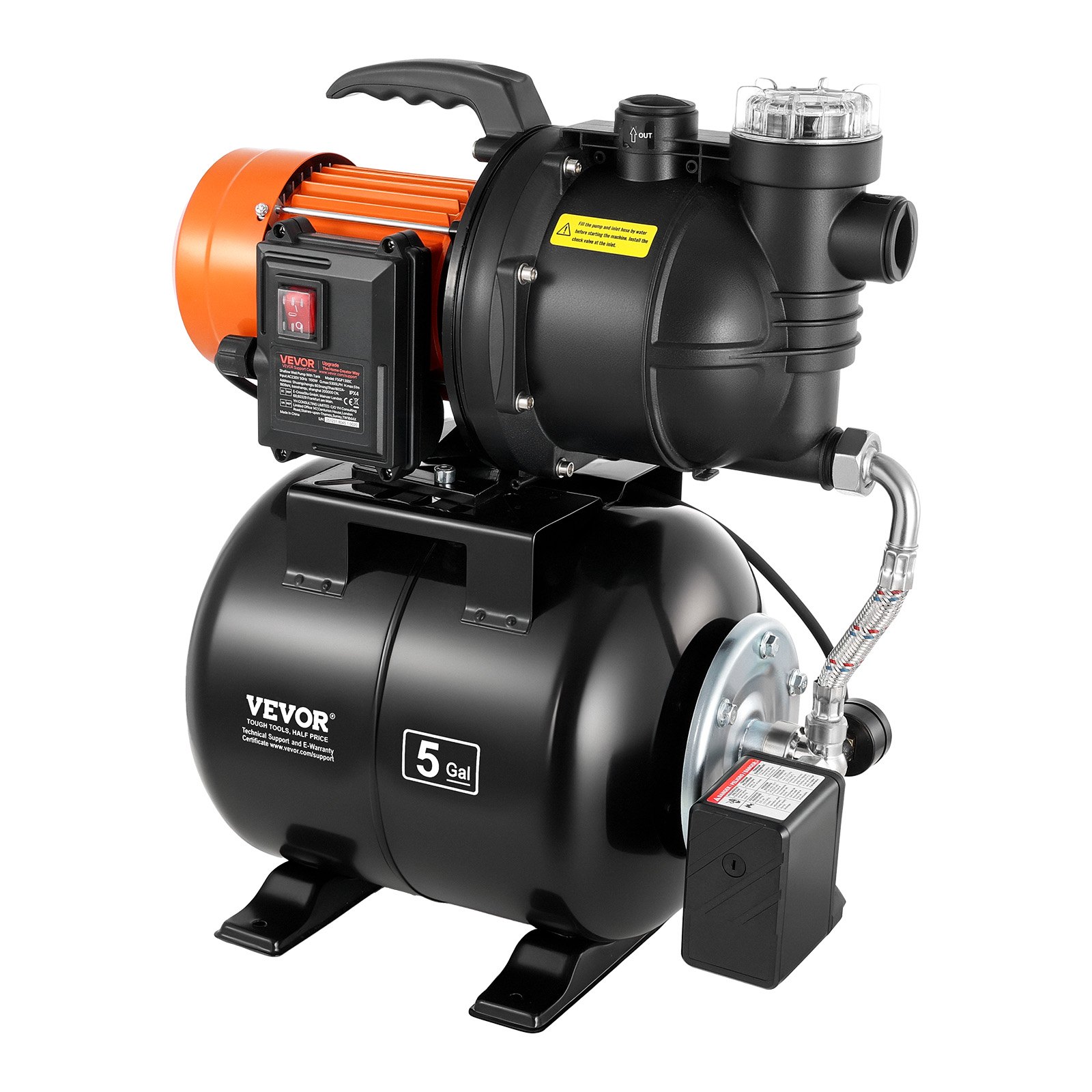 VEVOR Bomba para Pozos Poco Profundos 1 HP, Bomba de Agua de Trasvase 3785 LPH, con Tanque de Presión 19 L, Filtro, Válvula de Retención, Sistema Automático de Presurización, para Jardín, Césped