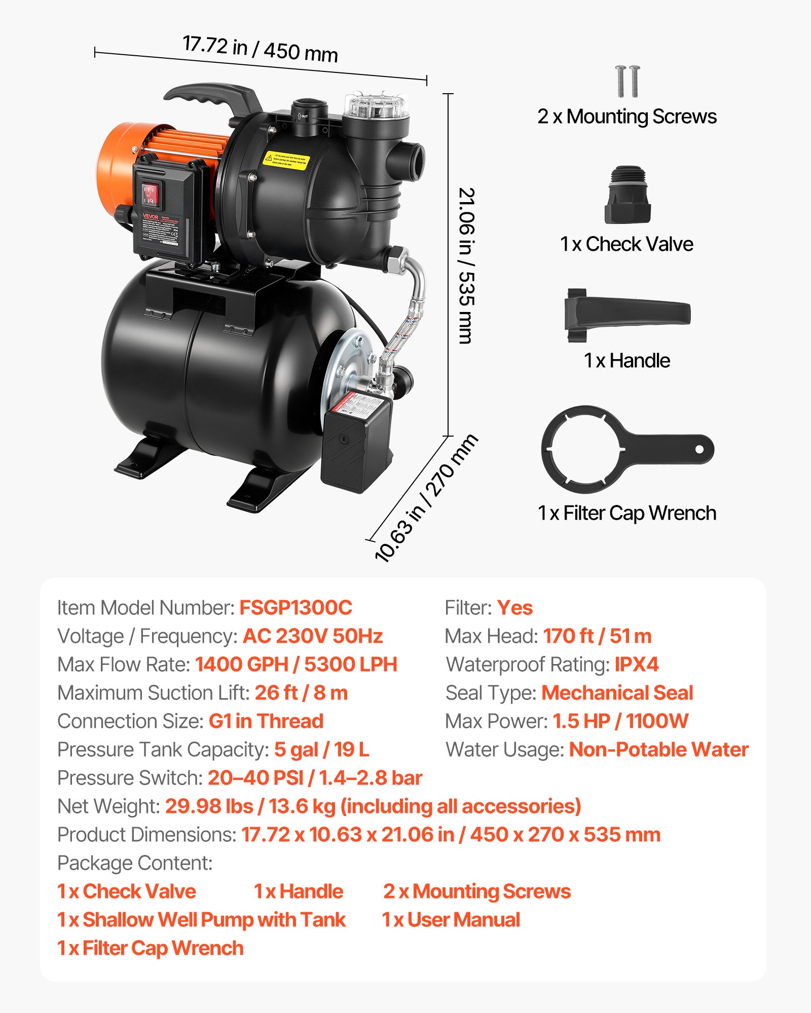 VEVOR Bomba para Pozos Poco Profundos 1,5 HP, Bomba de Agua de Trasvase 5300 LPH, con Tanque de Presión 19 L, Filtro, Válvula de Retención, Sistema Automático de Presurización, para Jardín, Césped