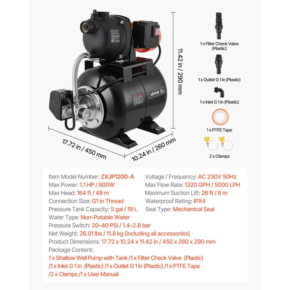 VEVOR Bomba para Pozos Poco Profundos 1,1 HP, Bomba de Agua de Trasvase 5000 LPH, con Tanque de Presión 19 L, Plástico, Sistema Automático de Transferencia de Agua, 1,4-2,8 bar, para Jardín, Césped