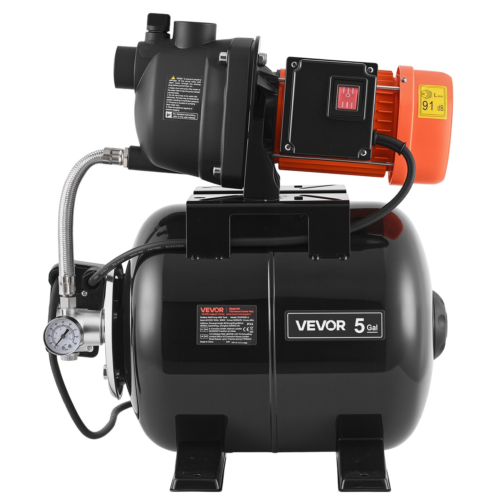 VEVOR Bomba para Pozos Poco Profundos 1,1 HP, Bomba de Agua de Trasvase 5000 LPH, con Tanque de Presión 19 L, Plástico, Sistema Automático de Transferencia de Agua, 1,4-2,8 bar, para Jardín, Césped