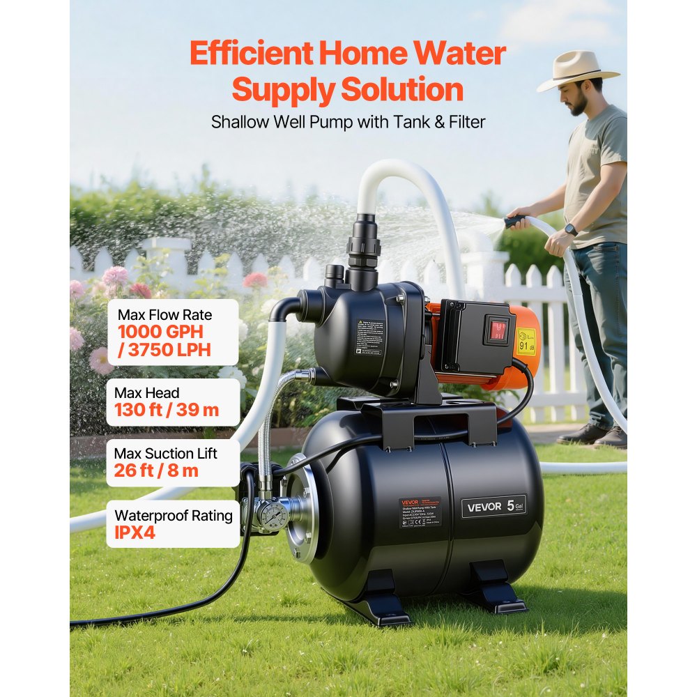 VEVOR Bomba para Pozos Poco Profundos 1 HP, Bomba de Agua de Trasvase 3750 LPH, con Tanque de Presión 19 L, Válvula de Retención, Sistema Automático de Transferencia de Agua, para Jardín, Césped