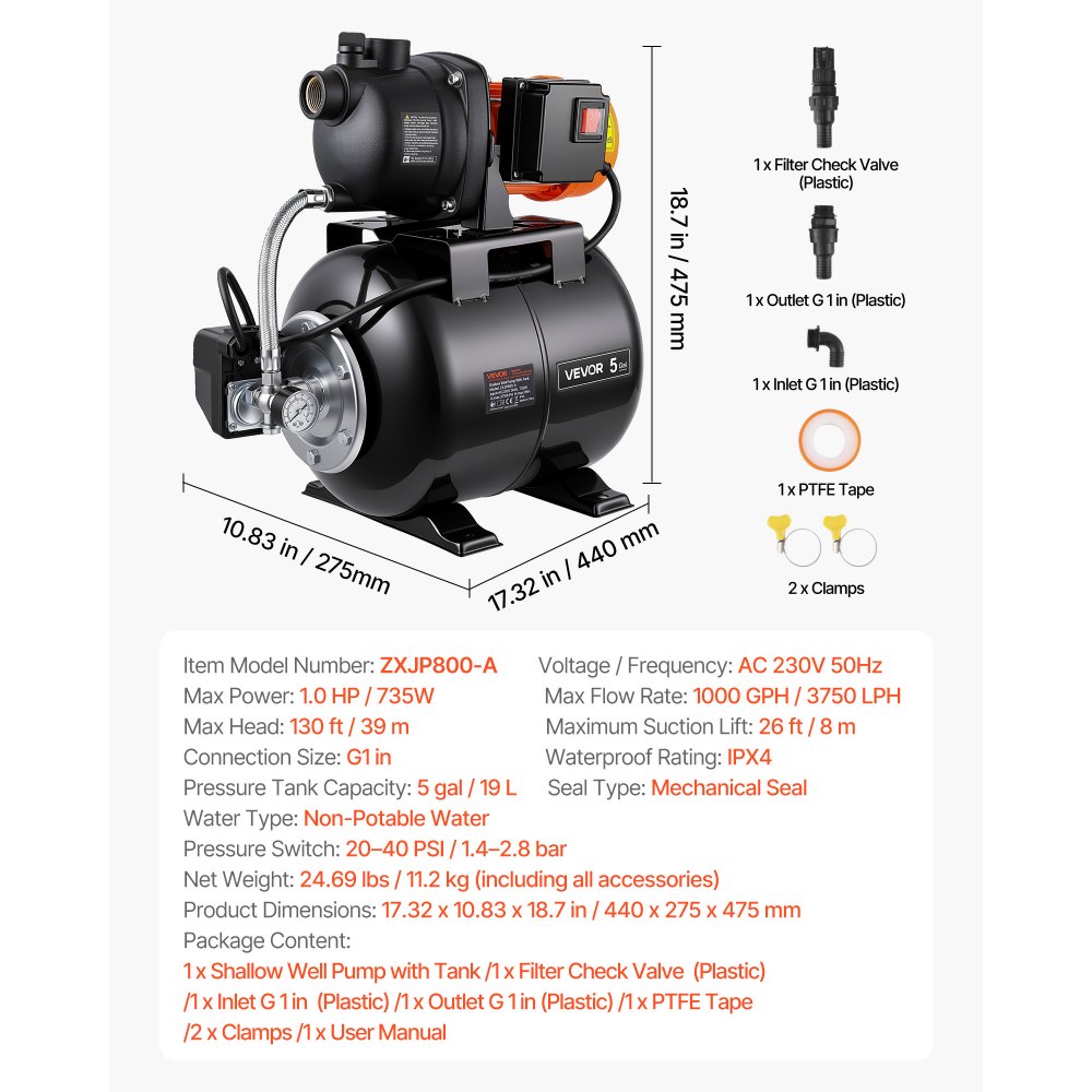 VEVOR Bomba para Pozos Poco Profundos 1 HP, Bomba de Agua de Trasvase 3750 LPH, con Tanque de Presión 19 L, Válvula de Retención, Sistema Automático de Transferencia de Agua, para Jardín, Césped
