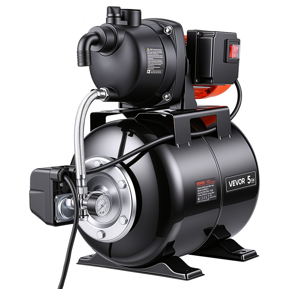 VEVOR Bomba para Pozos Poco Profundos 1 HP, Bomba de Agua de Trasvase 3750 LPH, con Tanque de Presión 19 L, Válvula de Retención, Sistema Automático de Transferencia de Agua, para Jardín, Césped