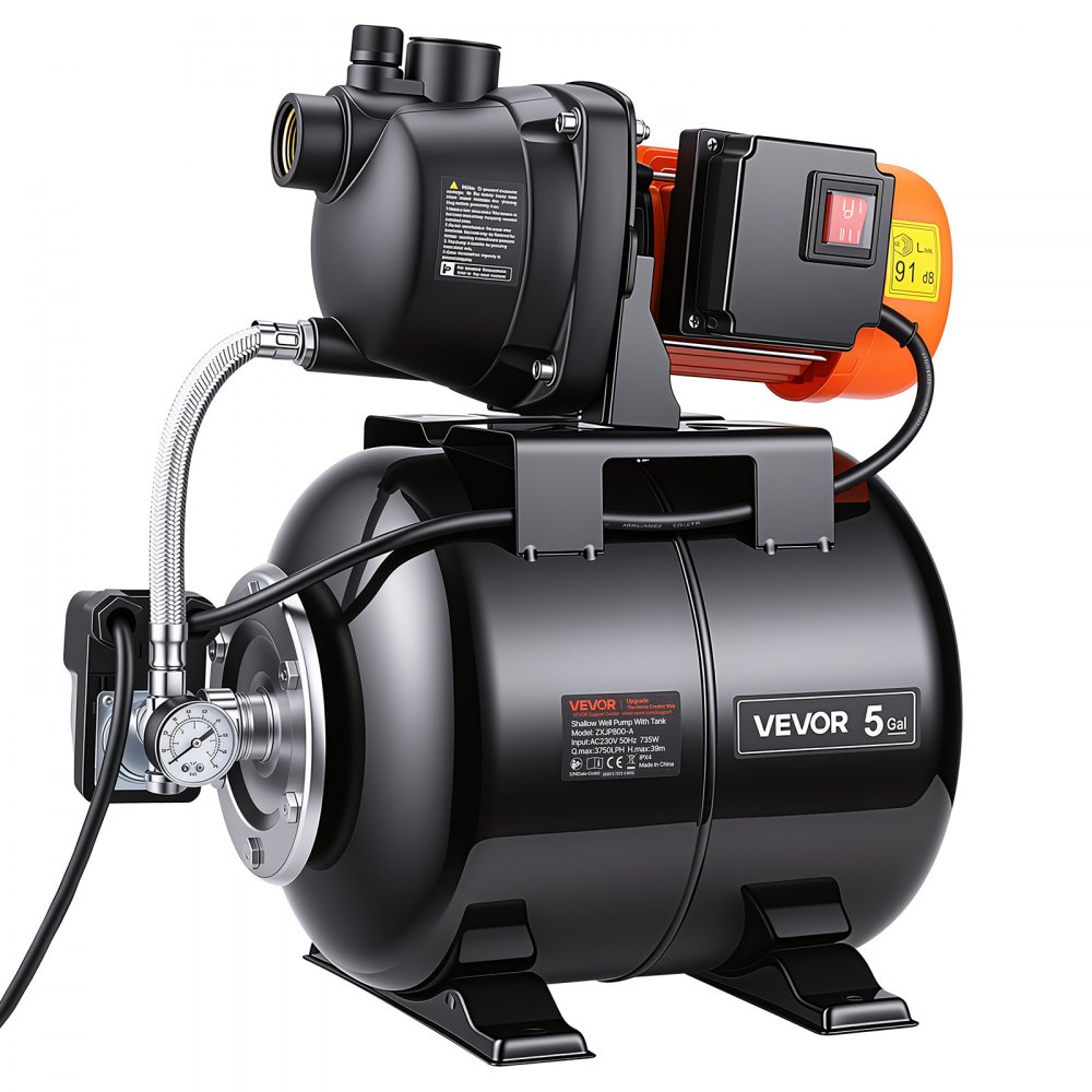 VEVOR Bomba para Pozos Poco Profundos 1 HP, Bomba de Agua de Trasvase 3750 LPH, con Tanque de Presión 19 L, Válvula de Retención, Sistema Automático de Transferencia de Agua, para Jardín, Césped