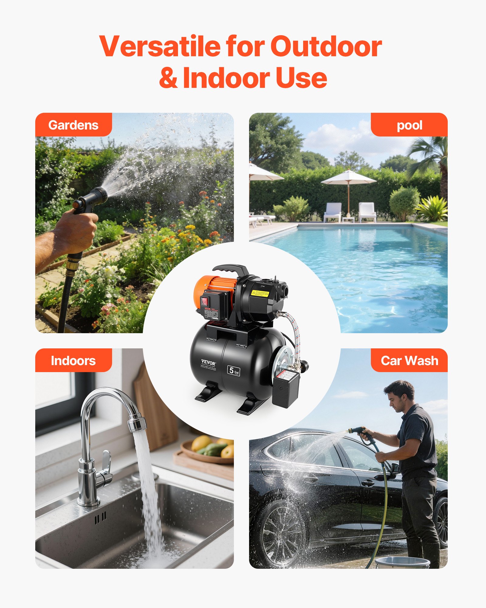 VEVOR Bomba para Pozos Poco Profundos 1 HP, Bomba de Agua de Trasvase 3750 LPH, con Tanque de Presión de 19 L, de Hierro Fundido, Sistema Automático de Transferencia de Agua, para Jardín, Césped