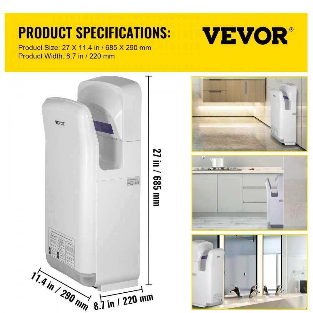 VEVOR Secador de Manos 2000 W Secador de Manos Eléctrico Comercial ABS Filtro HEPA Secador de Manos Automático Potente  43 ℃ Secamanos Eléctrico 290 x 220 x 685 mm Secador de Manos para Baños Blanco