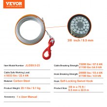 VEVOR Cable de cabrestante Núcleo de acero 9,5 mm x 22,9 m Resistencia 67,6 kN Camión de remolque SUV