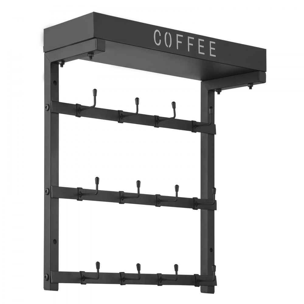 VEVOR Soporte para Tazas de Café de Pared, 12 Ganchos Móviles, de Acero al Carbono con Estante Superior, Accesorios y Organizador de Barra Café, Negro Mate, Fácil de Instalar, 425 x 147 x 450 mm