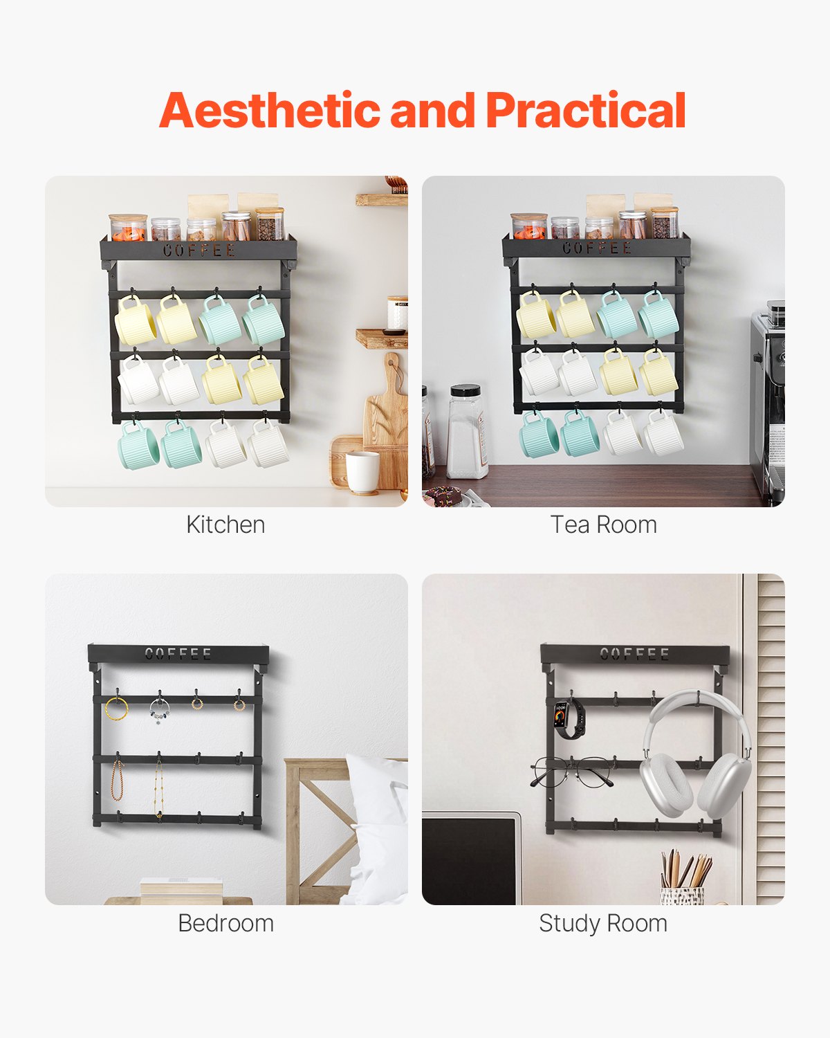 VEVOR Soporte para Tazas de Café de Pared, 12 Ganchos Móviles, de Acero al Carbono con Estante Superior, Accesorios y Organizador de Barra Café, Negro Mate, Fácil de Instalar, 425 x 147 x 450 mm