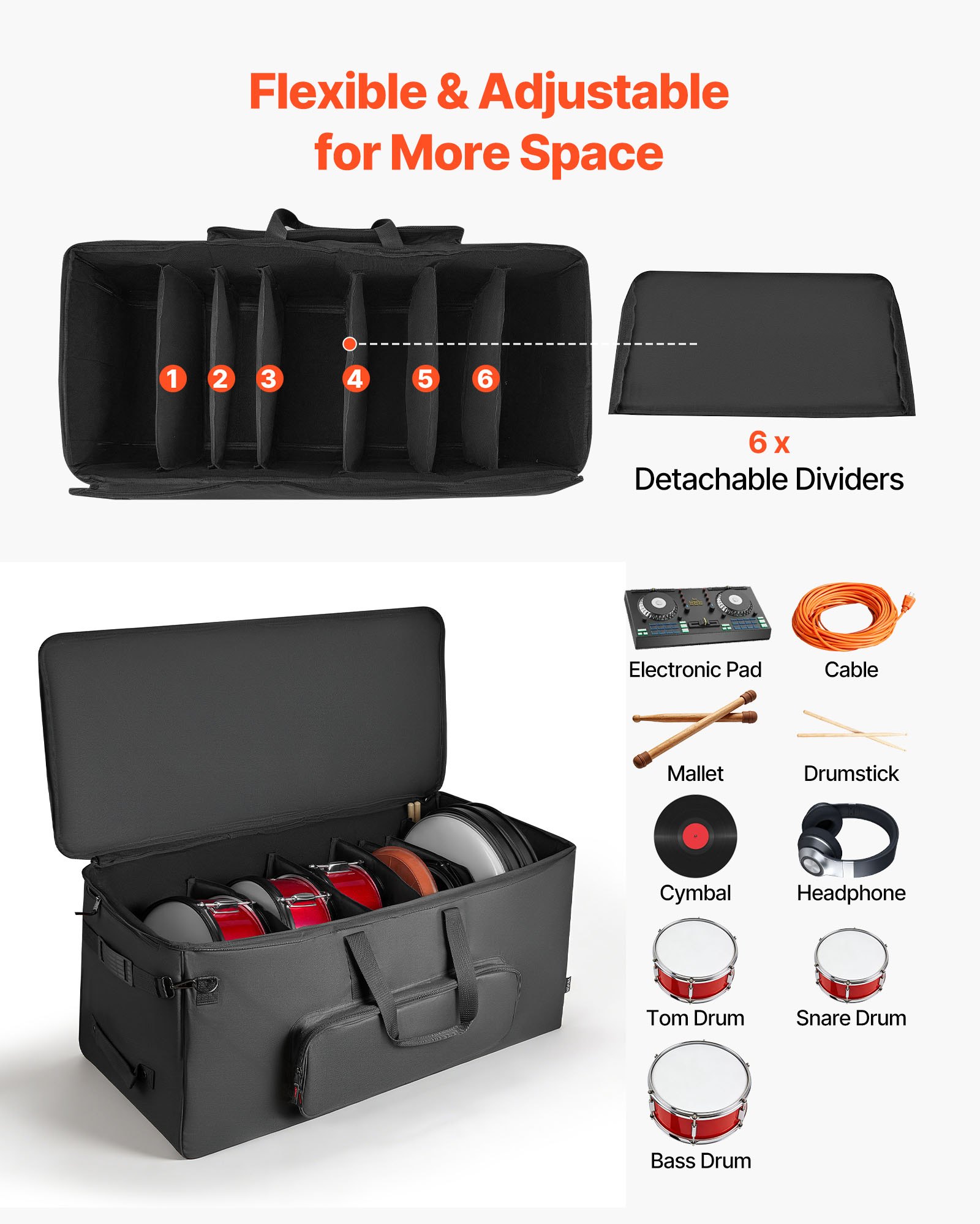 VEVOR Bolsa de Transporte para Kit de Batería Electrónica, 920 x 420 x 410 mm, Bolsa de Viaje con Ruedas Divisores Ajustables Correa de Hombre Desmontable, para Caja Tom Bombo Cables Baquetas, Negro