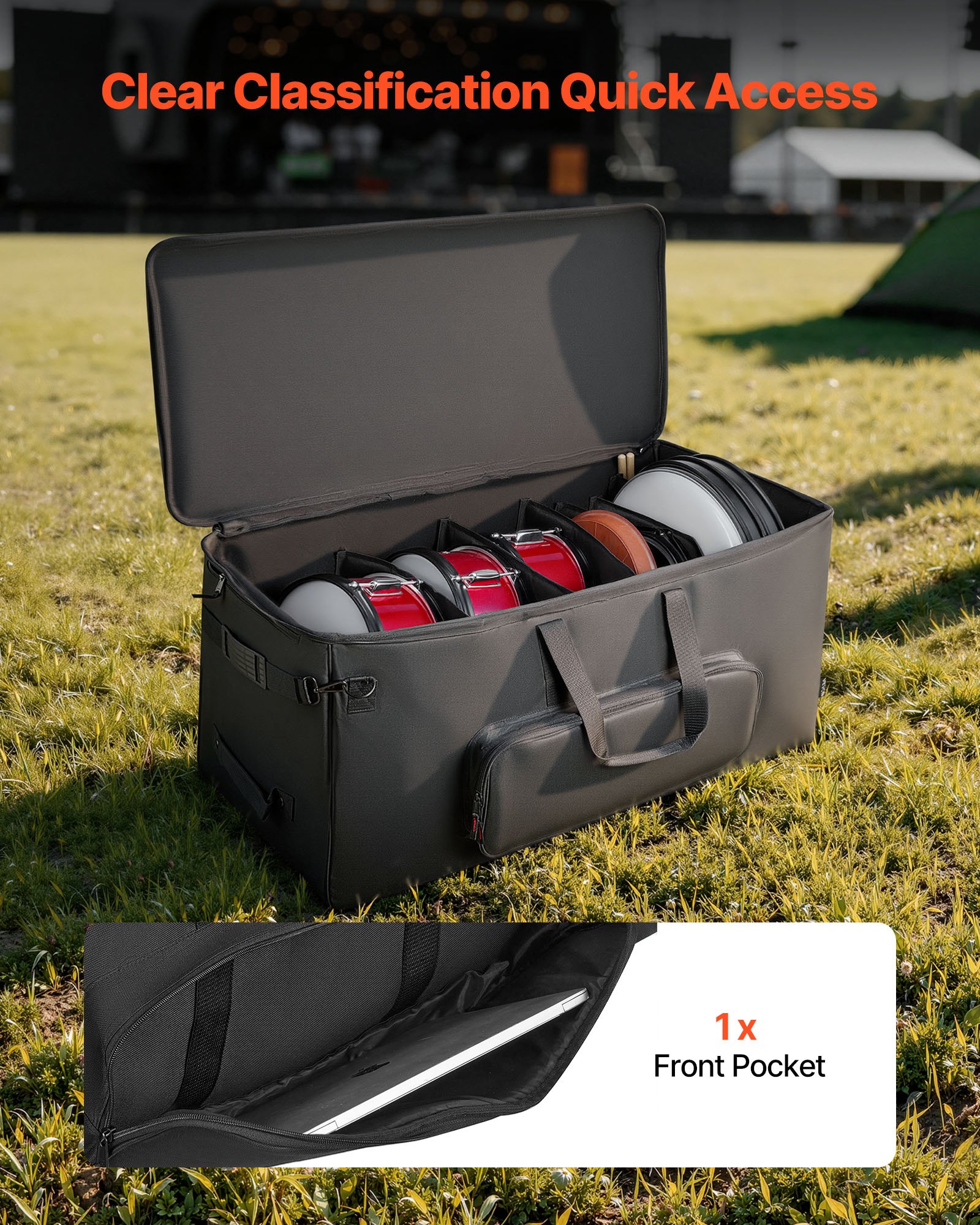 VEVOR Bolsa de Transporte para Kit de Batería Electrónica, 920 x 420 x 410 mm, Bolsa de Viaje con Ruedas Divisores Ajustables Correa de Hombre Desmontable, para Caja Tom Bombo Cables Baquetas, Negro