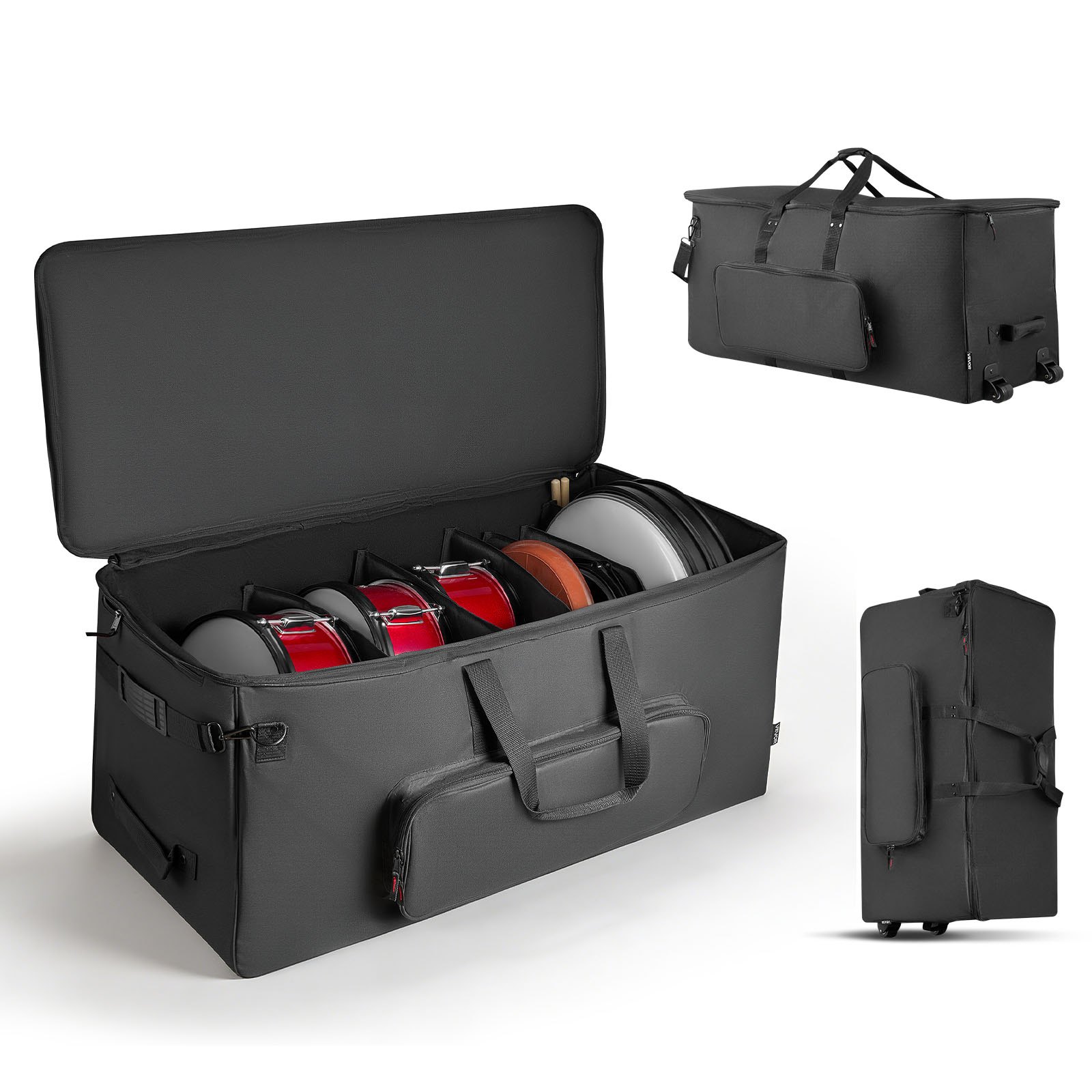 VEVOR Bolsa de Transporte para Kit de Batería Electrónica, 920 x 420 x 410 mm, Bolsa de Viaje con Ruedas Divisores Ajustables Correa de Hombre Desmontable, para Caja Tom Bombo Cables Baquetas, Negro