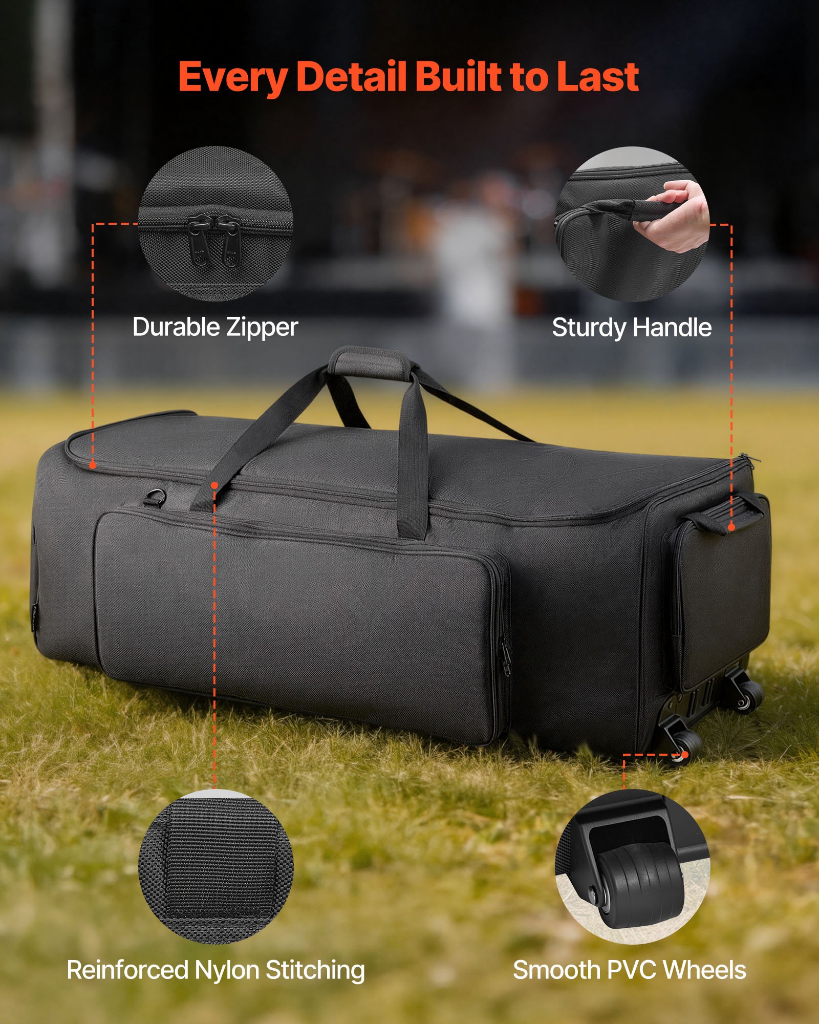 VEVOR Bolsa de Transporte para Herrajes de Batería, 90 x  35 x 32 cm, Funda para Hardware de Batería con Ruedas Correa de Hombro, 1680D Impermeable Antichoque, para Soportes Pedal Accesorios, Negro