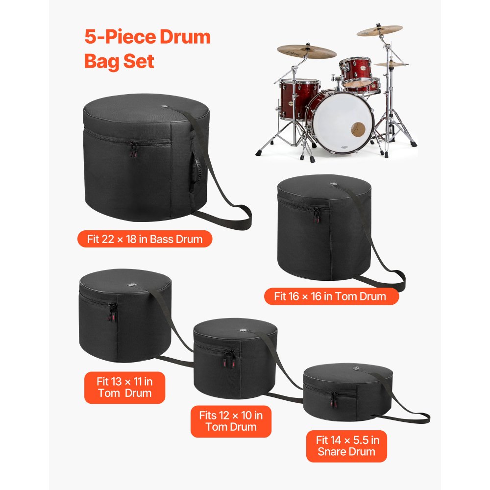 VEVOR Juego de 5 Bolsas de Tambores, Fundas Acolchadas para Toms de 12", 13" y 16", Bombo de 22", Caja de 14", con Correa de Hombro, de 600D Impermeable y Antichoque, para Tambores de Batería, Negro