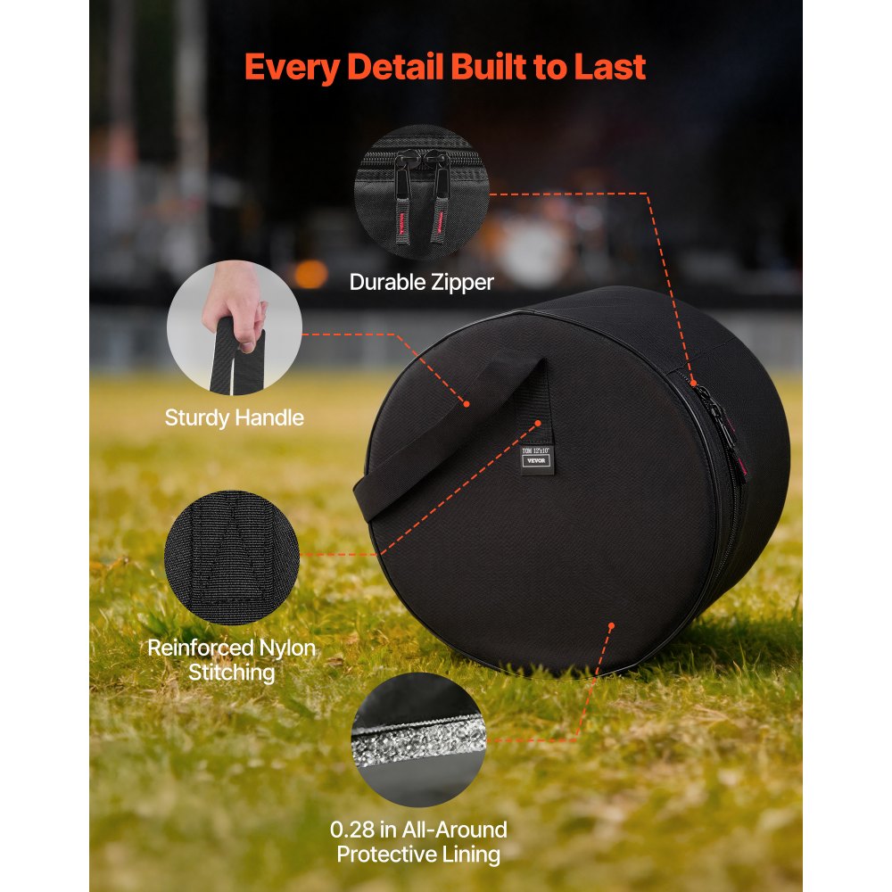 VEVOR Juego de 5 Bolsas de Tambores, Fundas Acolchadas para Toms de 12", 13" y 16", Bombo de 22", Caja de 14", con Correa de Hombro, de 600D Impermeable y Antichoque, para Tambores de Batería, Negro