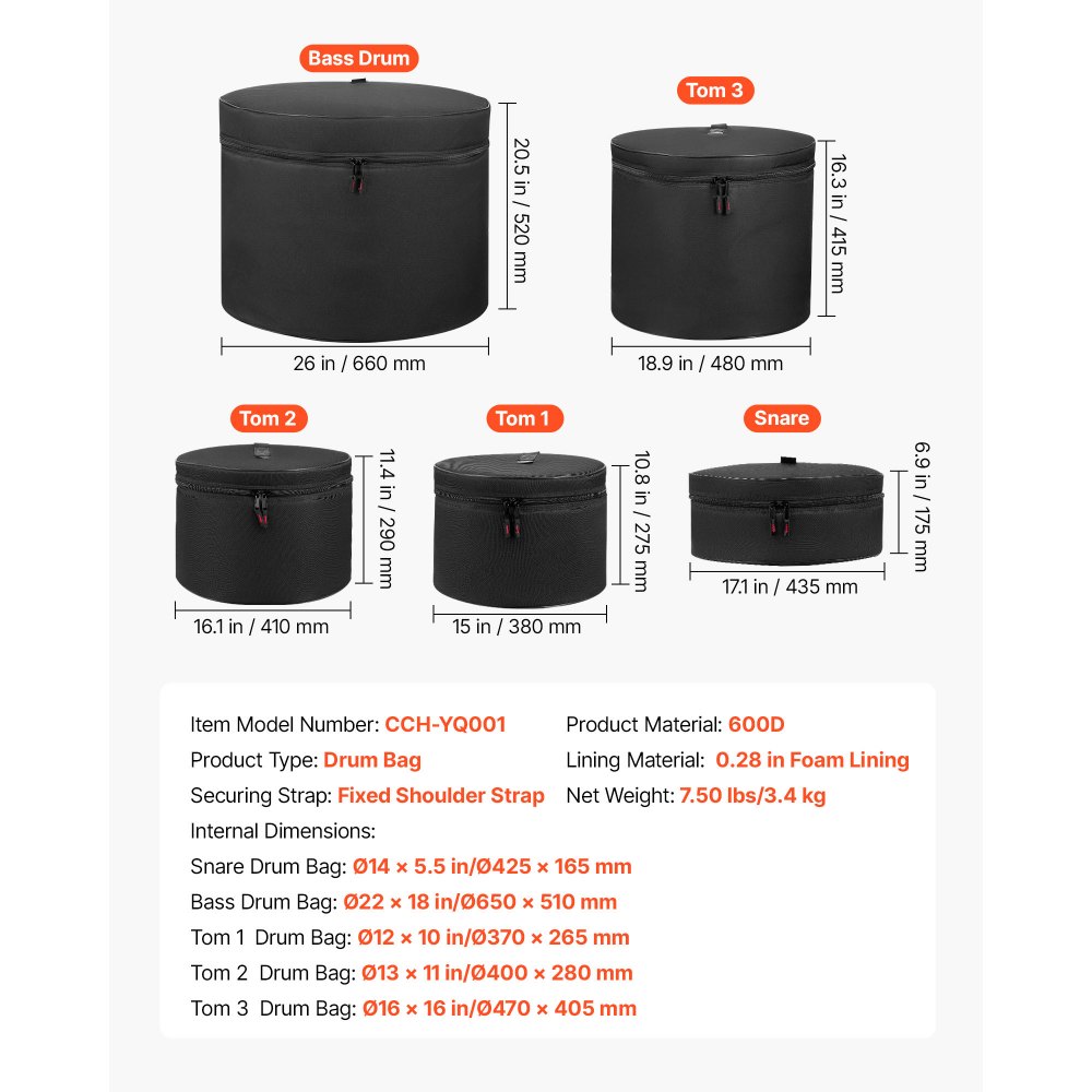VEVOR Juego de 5 Bolsas de Tambores, Fundas Acolchadas para Toms de 12", 13" y 16", Bombo de 22", Caja de 14", con Correa de Hombro, de 600D Impermeable y Antichoque, para Tambores de Batería, Negro