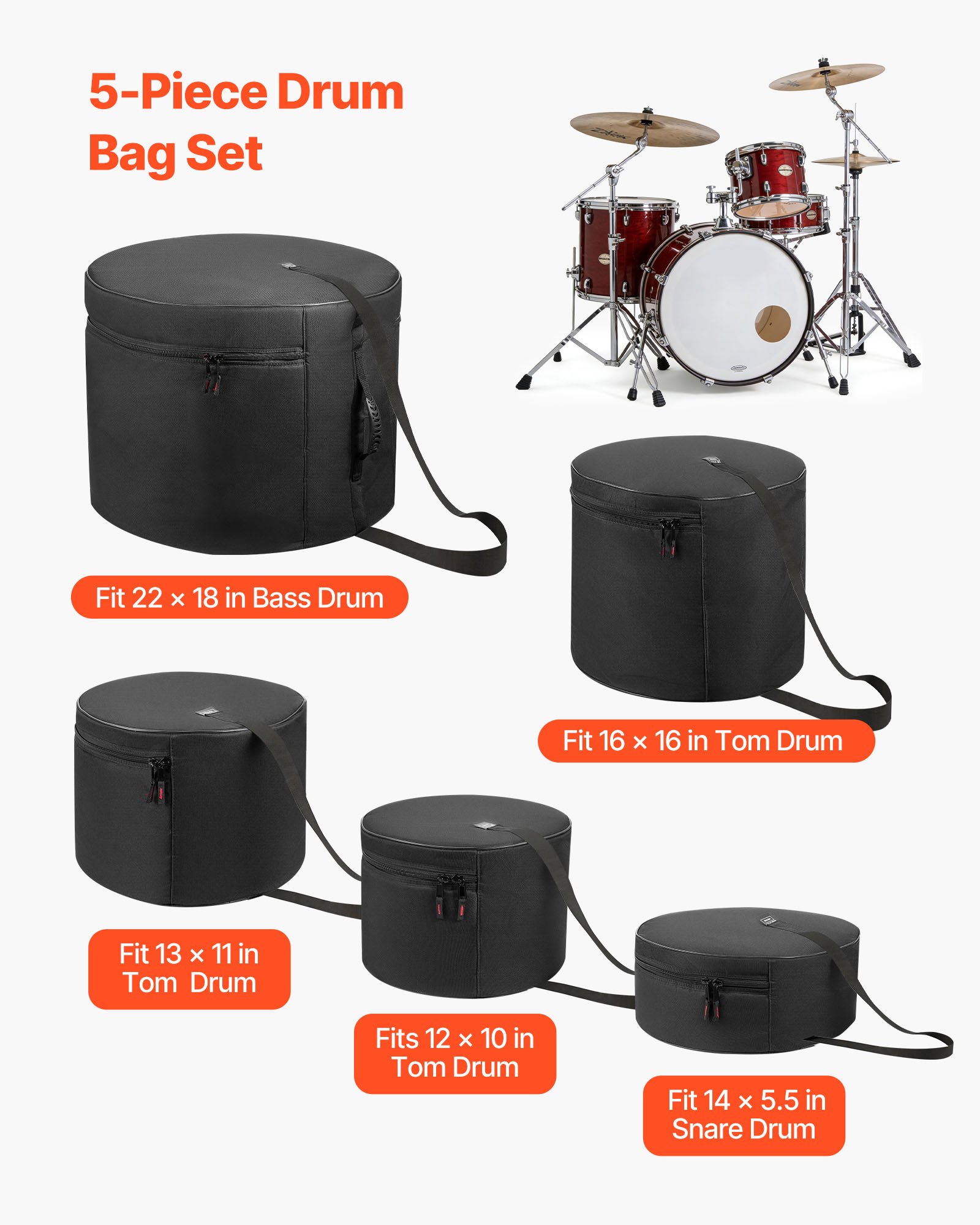 VEVOR Juego de 5 Bolsas de Tambores, Fundas Acolchadas para Toms de 12", 13" y 16", Bombo de 22", Caja de 14", con Correa de Hombro, de 600D Impermeable y Antichoque, para Tambores de Batería, Negro