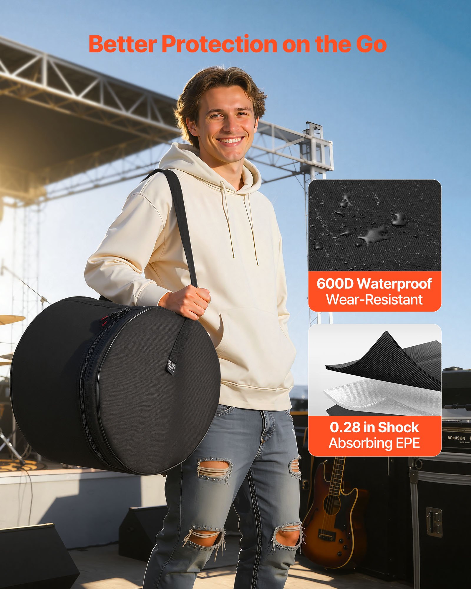 VEVOR Juego de 5 Bolsas de Tambores, Fundas Acolchadas para Toms de 12", 13" y 16", Bombo de 22", Caja de 14", con Correa de Hombro, de 600D Impermeable y Antichoque, para Tambores de Batería, Negro