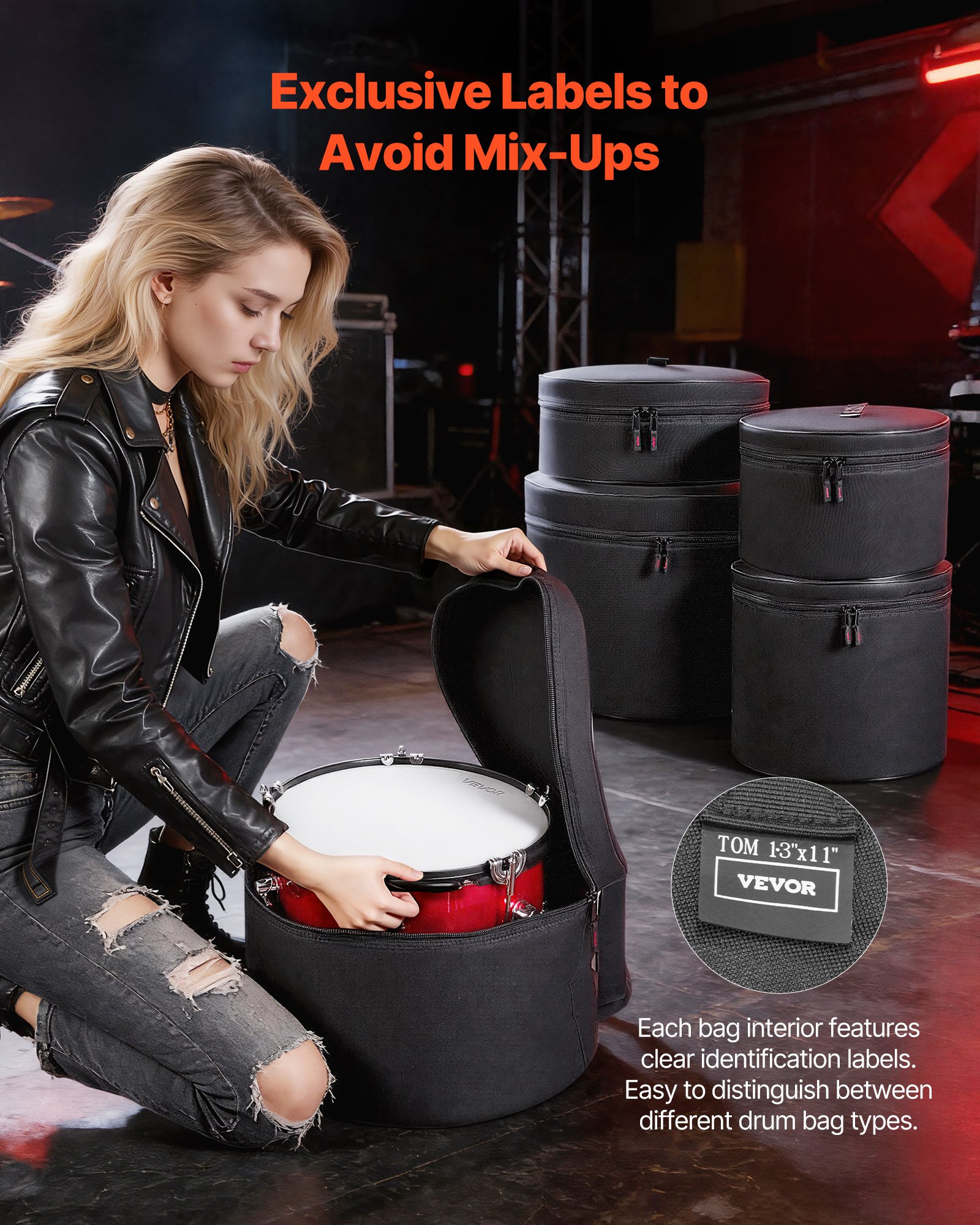 VEVOR Juego de 5 Bolsas de Tambores, Fundas Acolchadas para Toms de 12", 13" y 16", Bombo de 22", Caja de 14", con Correa de Hombro, de 600D Impermeable y Antichoque, para Tambores de Batería, Negro