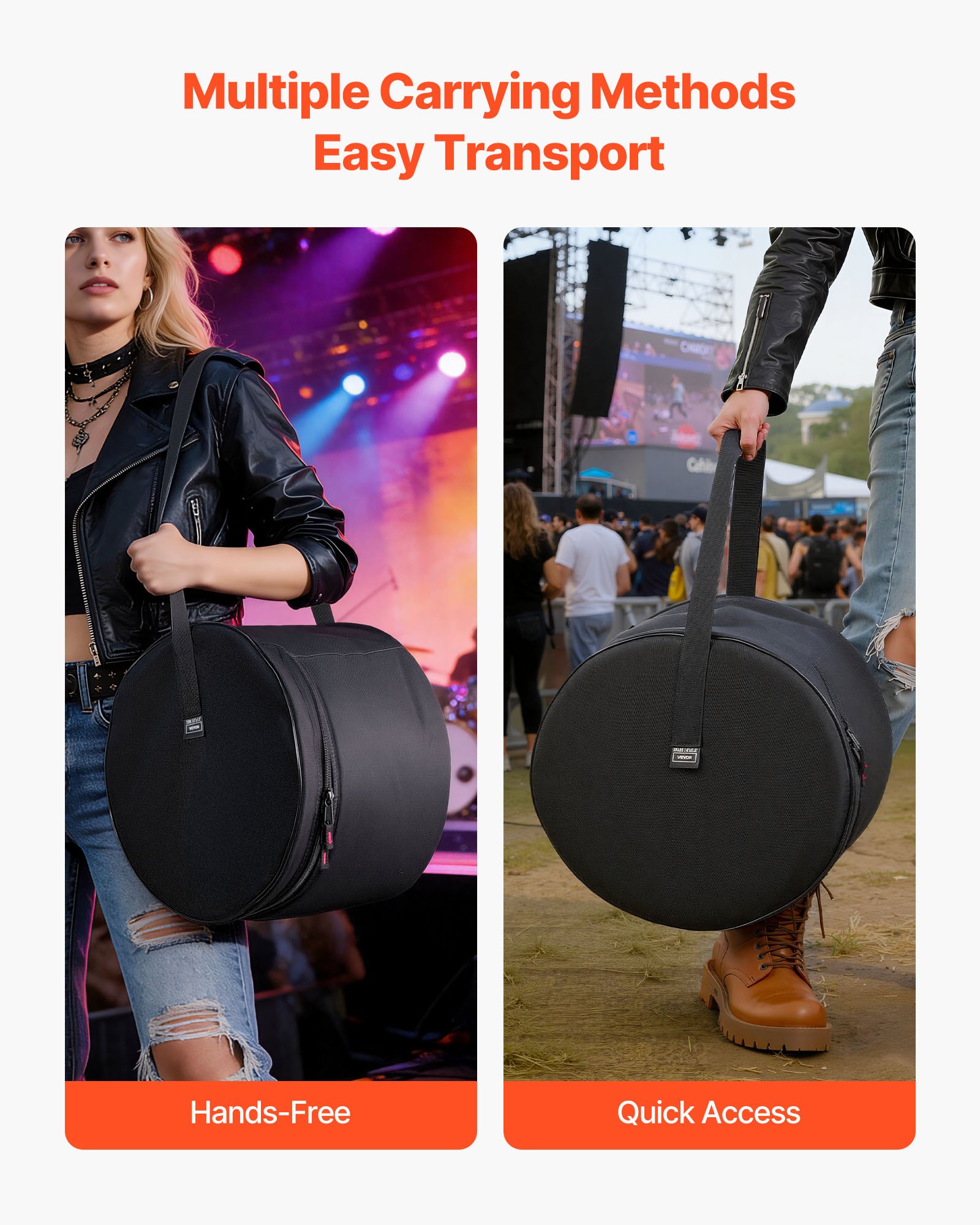VEVOR Juego de 5 Bolsas de Tambores, Fundas Acolchadas para Toms de 12", 13" y 16", Bombo de 22", Caja de 14", con Correa de Hombro, de 600D Impermeable y Antichoque, para Tambores de Batería, Negro