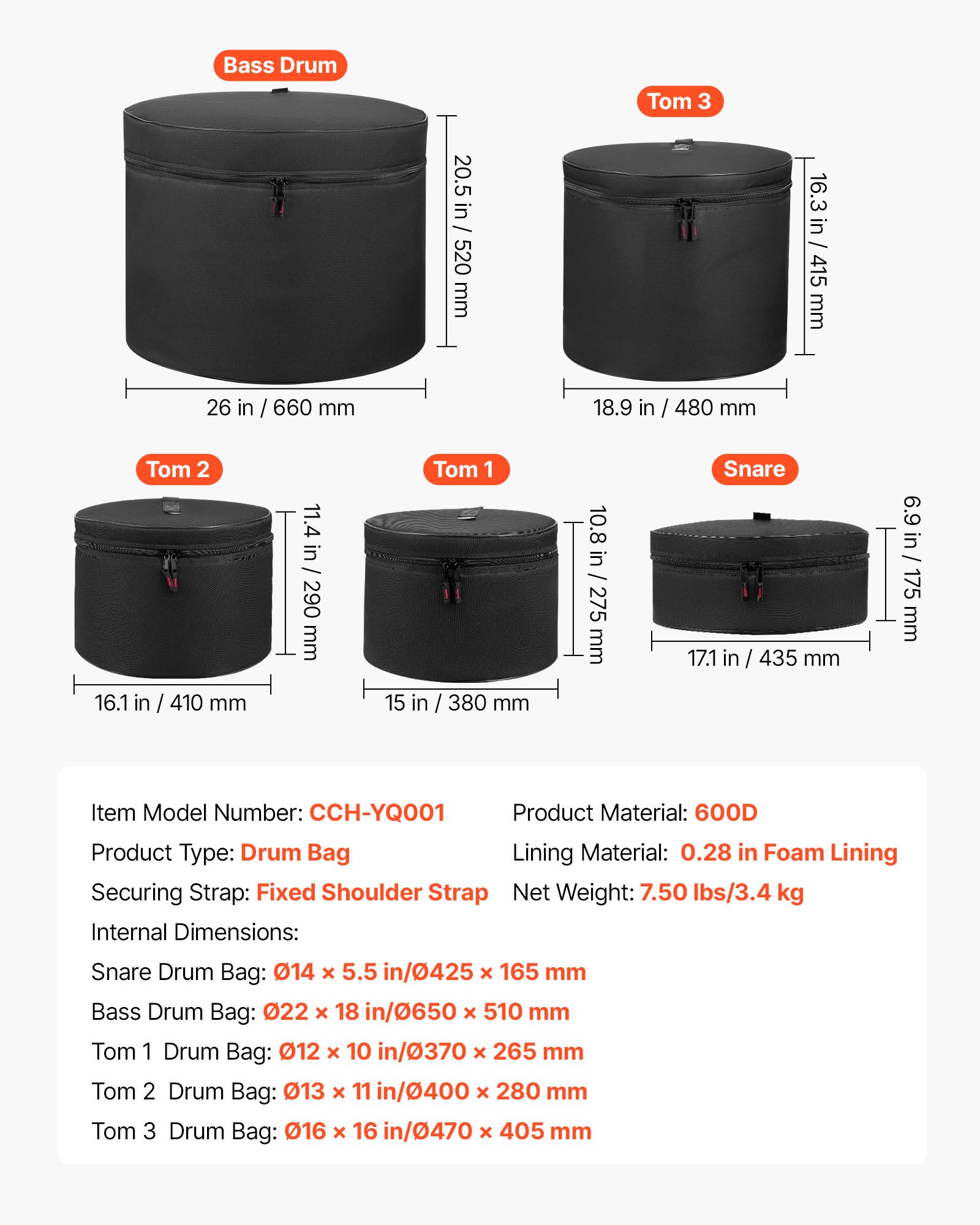 VEVOR Juego de 5 Bolsas de Tambores, Fundas Acolchadas para Toms de 12", 13" y 16", Bombo de 22", Caja de 14", con Correa de Hombro, de 600D Impermeable y Antichoque, para Tambores de Batería, Negro