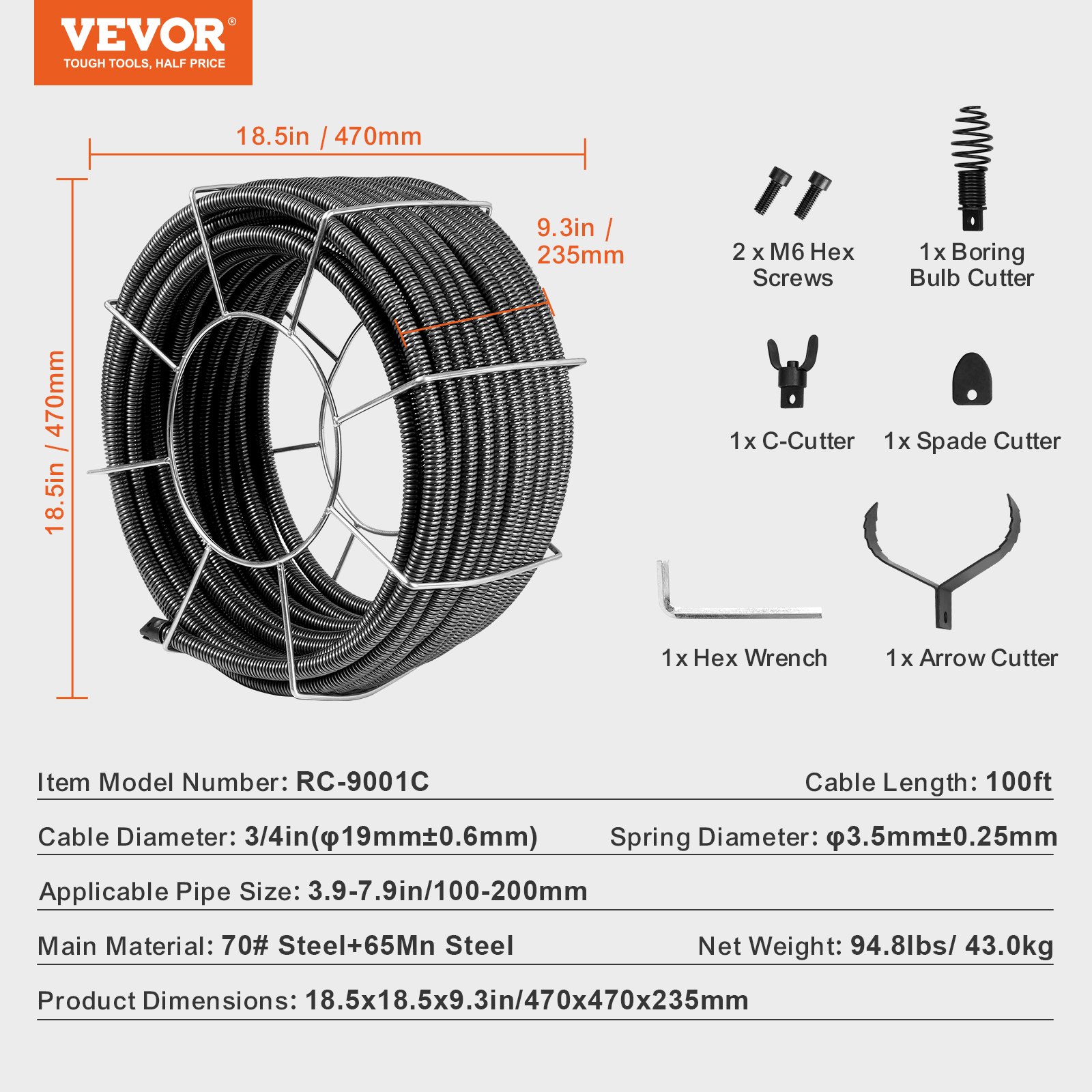 VEVOR drain cleaning spiral 30 mx 19 mm, steel drain cleaning spiral with 4 cutters for pipes from 100 to 200 mm, drain cleaning spiral with inner core for sinks, floor drains, toilets