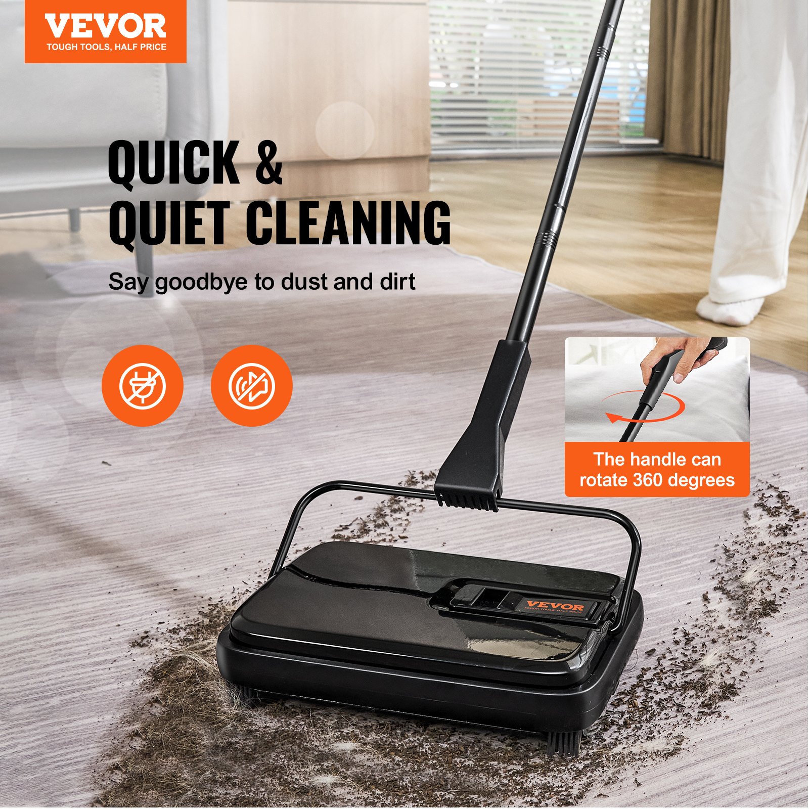 VEVOR Escoba Mecánica Recorrido de Barrido 200 mm Barredora Manual para Suelos y Alfombras con Cepillos Giratorios Fácil de Vaciar Silenciosa Limpiadora de Suelos Duros y Laminados sin Electricidad