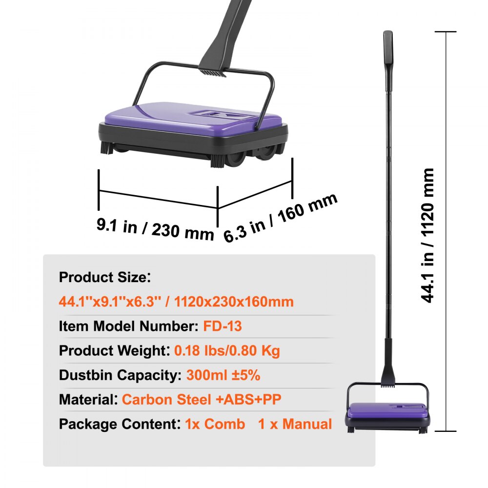 VEVOR Barredora de Alfombras Manual Barredora de Pisos con Depósito de 300 ml Fácil de Vaciar Ancho de Limpieza de 17 cm para Alfombras de Oficina en Casa, Polvo de Pelo de Mascotas, Morado