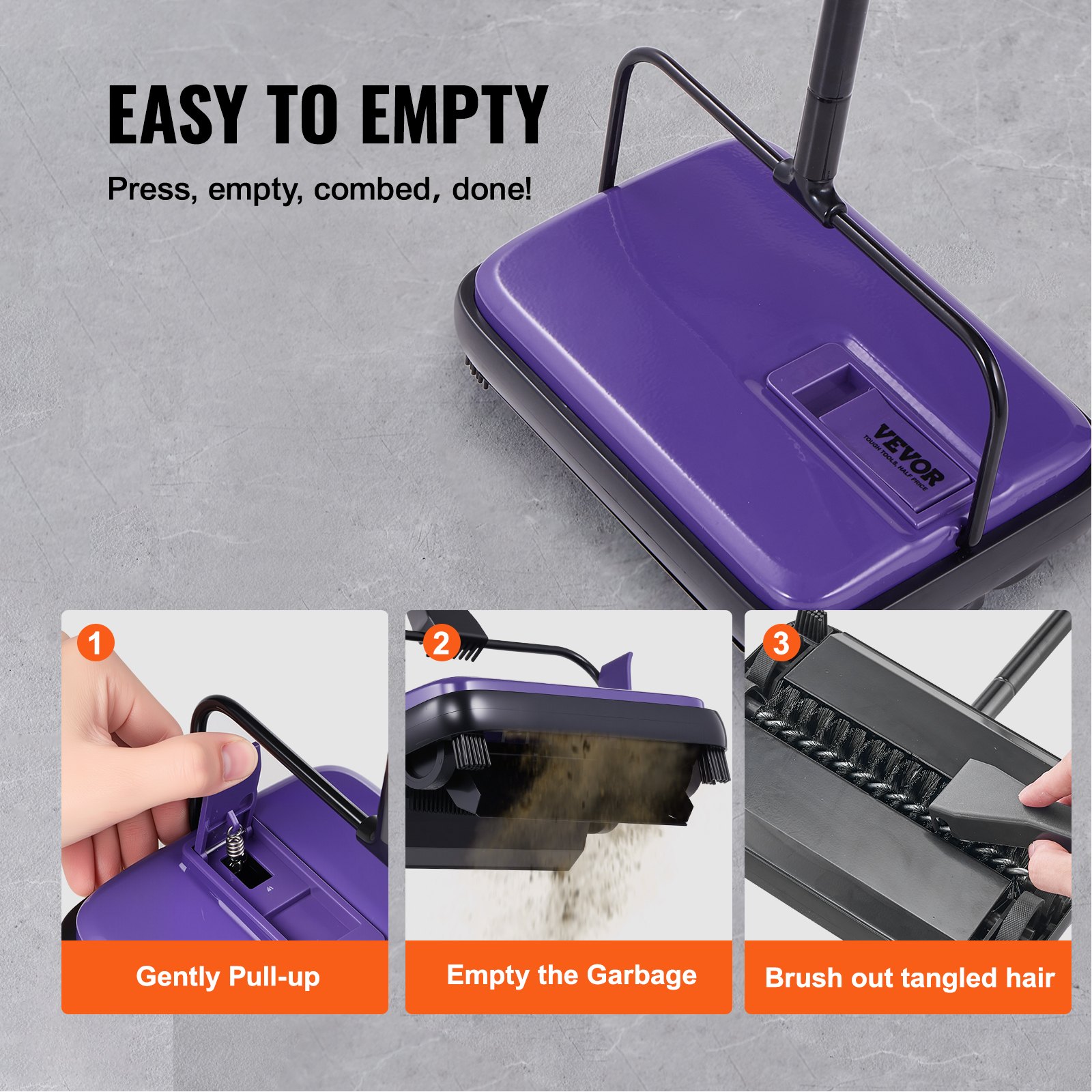VEVOR Manual Carpet Sweeper, Floor Sweeper with 300 ml Dust Container Capacity, 17 cm Cleaning Width, Sweeper for Home Office Carpets, Pet Hair, Dust, Carpet Cleaning, Purple