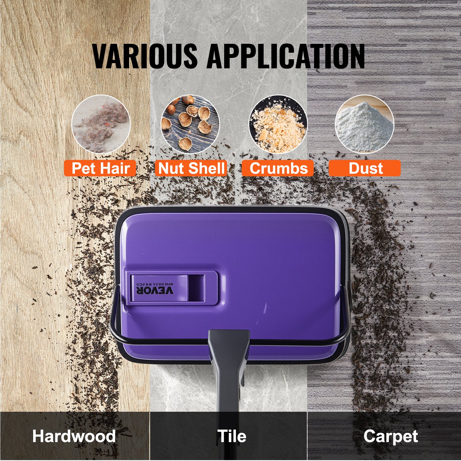 VEVOR Barredora de Alfombras Manual Barredora de Pisos con Depósito de 300 ml Fácil de Vaciar Ancho de Limpieza de 17 cm para Alfombras de Oficina en Casa, Polvo de Pelo de Mascotas, Morado