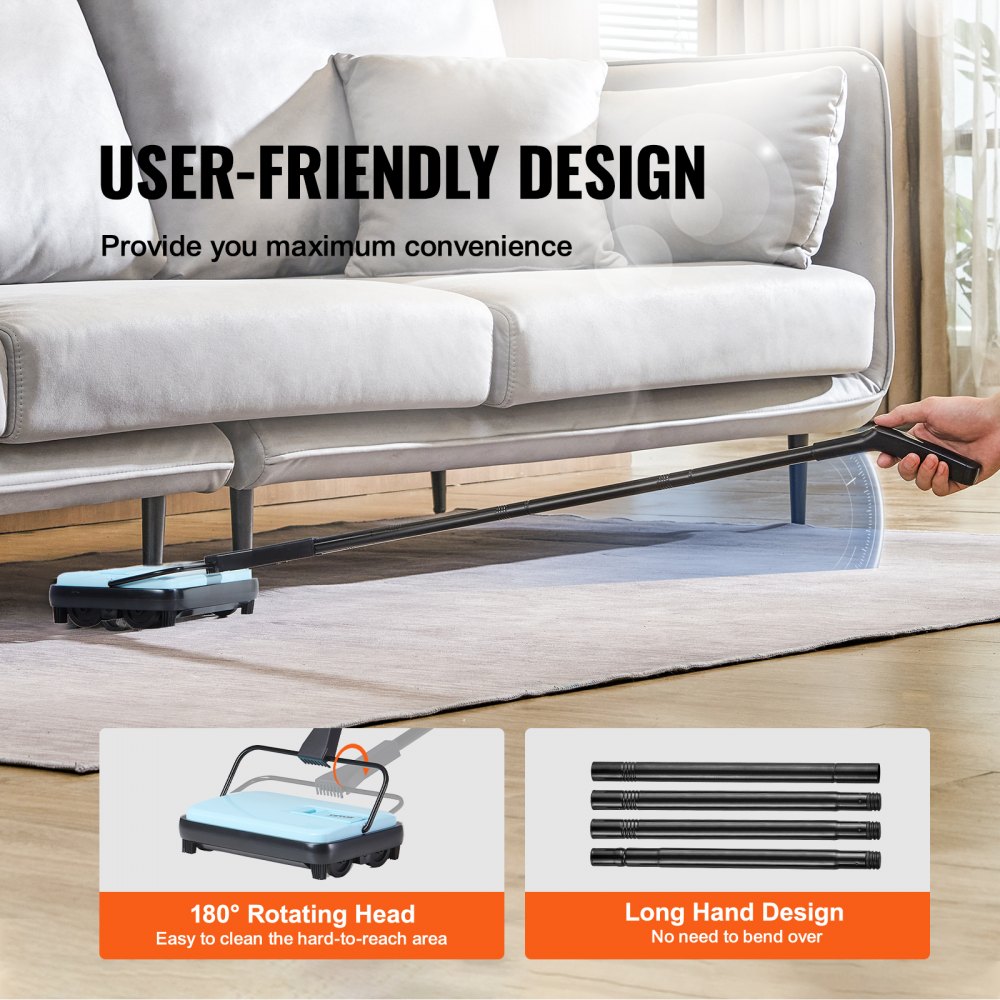 VEVOR Manual Carpet Sweeper, Floor Sweeper with 300 ml Dust Container Capacity, 17 cm Cleaning Width, Sweeper for Home Office Carpets, Pet Hair, Dust, Carpet Cleaning, Blue