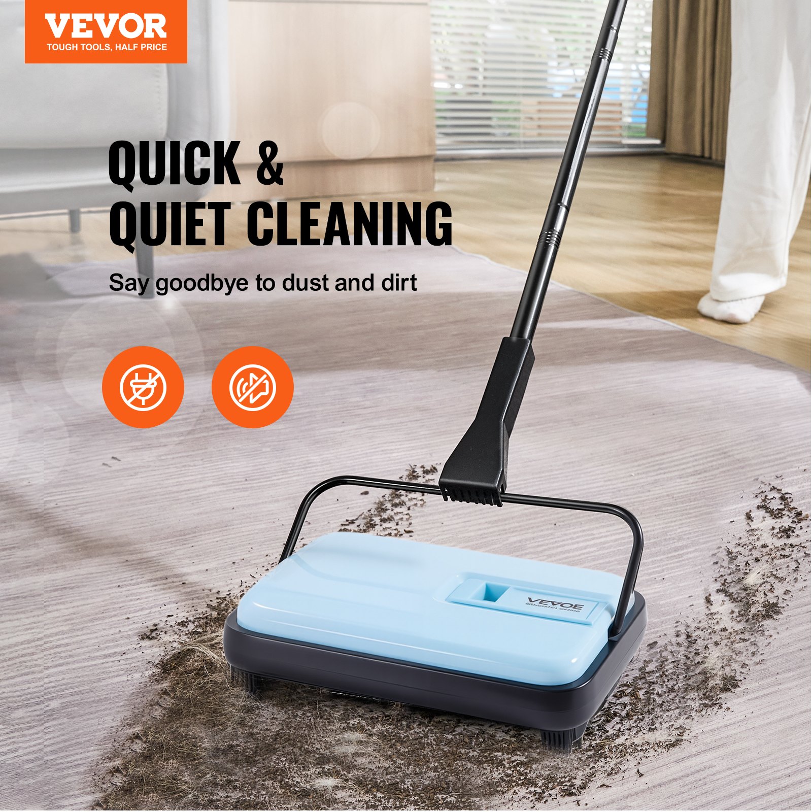 VEVOR Barredora de Alfombras Manual Barredora de Pisos con Depósito de 300 ml Fácil de Vaciar Ancho de Limpieza de 17 cm para Alfombras de Oficina en Casa, Polvo de Pelo de Mascotas, Color Azul
