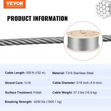 VEVOR Cable de Acero Inoxidable 152 m Cable de Acero Inoxidable Bobina de 4,8 mm Cable de Suspensión 1x19 Hilos Resistencia a la Rotura 1905,1 kg para Barandillas de Escaleras Tendedero Colgar Luces