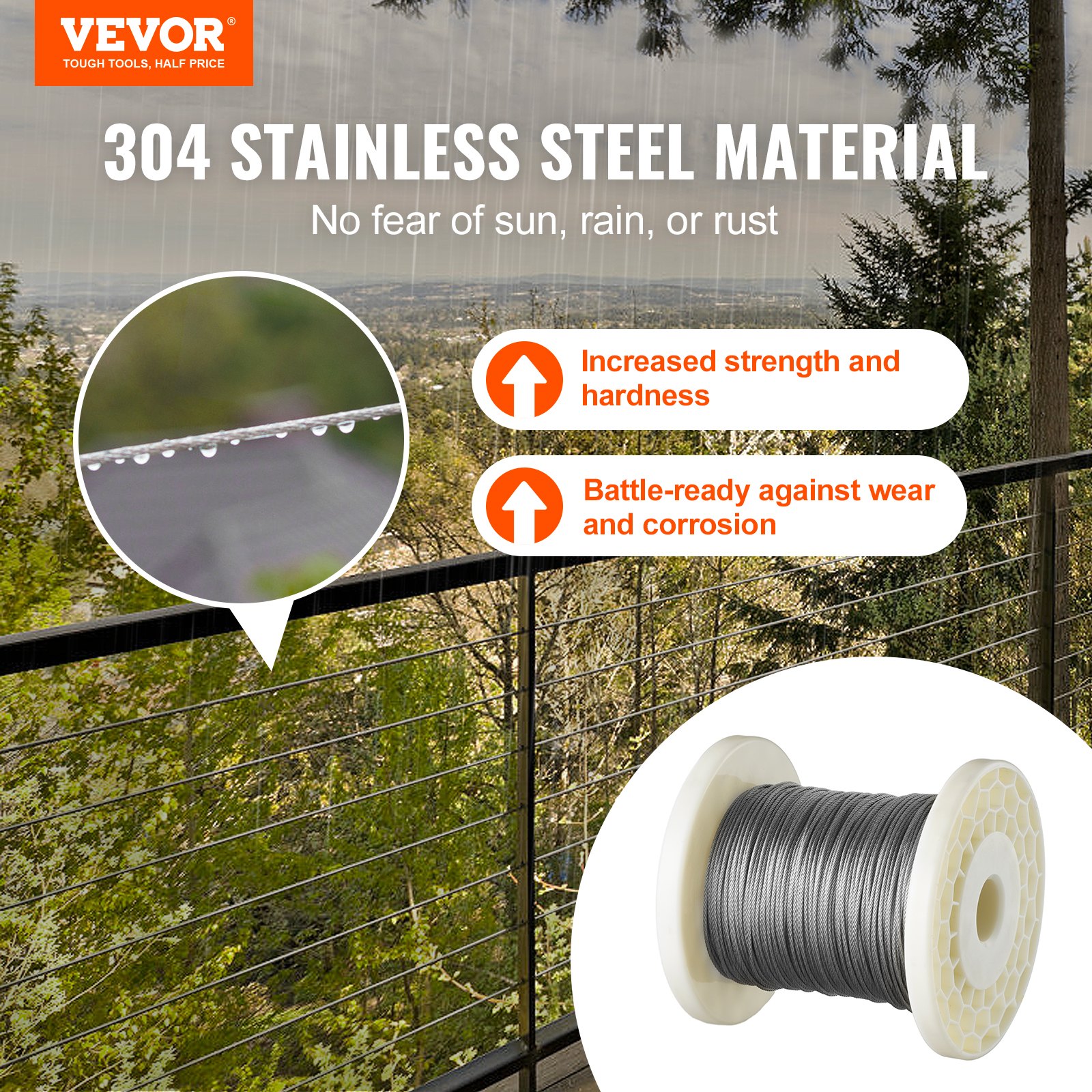VEVOR Cable de Acero Inoxidable 100 m Diámetro de 1,59 mm Cable de Suspensión 7x7 hilos Resistencia a la Rotura 144kg 80 Manguitos 20 Terminales para Barandillas Tendedero Guirnalda de Luces Colgantes