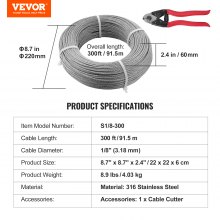 VEVOR Cable de Acero Inoxidable 91,5 m Diámetro de 3,18 mm Cable de Suspensión 7x7 hilos Resistencia a la Rotura 626 kg con Cortacables para Barandillas de Escaleras Tendedero Colgar Luces de Hadas