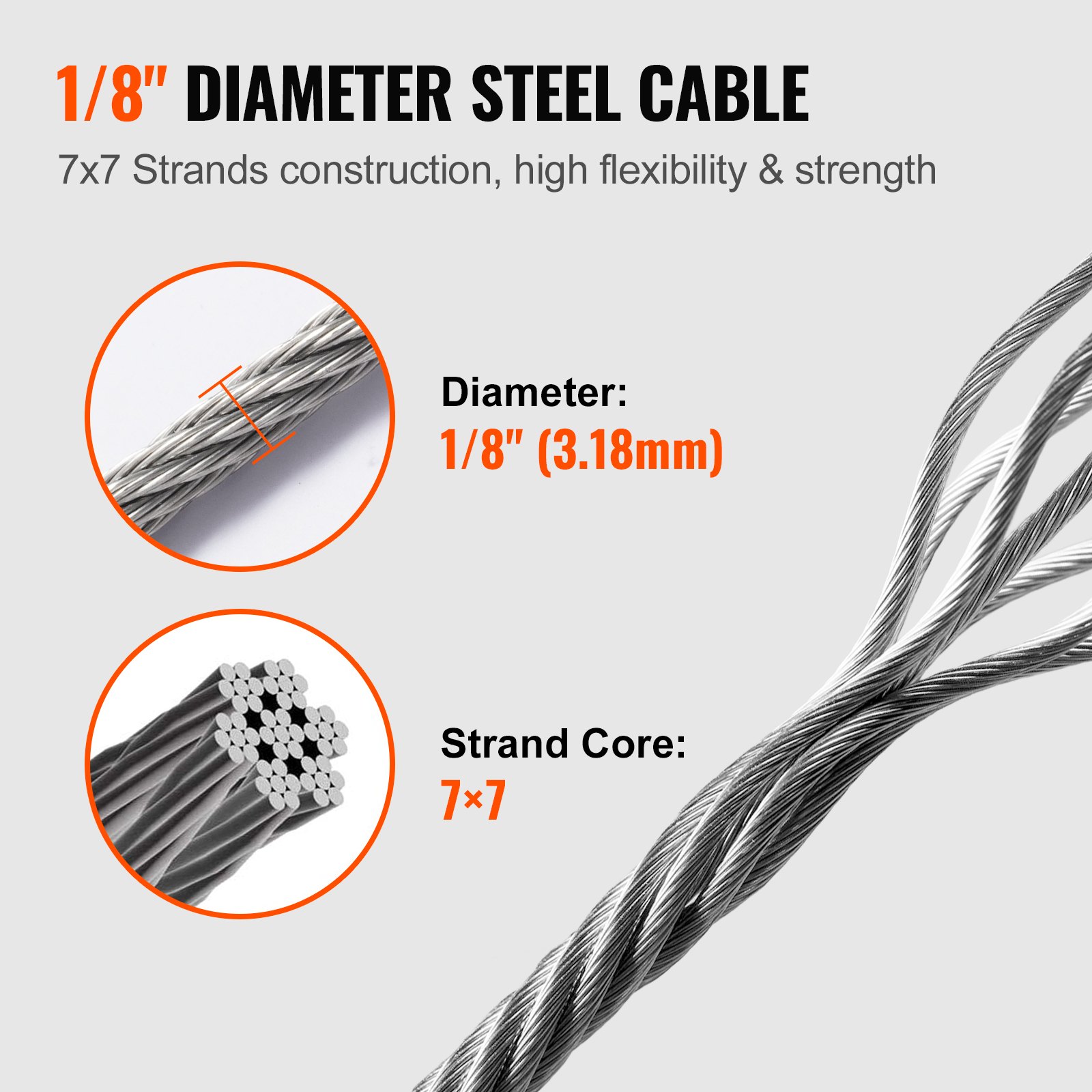 VEVOR Wire Rope 91.5 mx 3.18 mm Steel Cable Stainless Steel Cable 7x7 Pattern Stainless Steel Wire Stainless Steel 316 Trellis Wire approx. 626kg Breaking Strength Wire Cable Ideal for String Lights, Decorations, Clotheslines