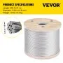VEVOR Cuerda de alambre diámetro de 3/16" / 4,8 mm cable de acero inoxidable 304 longitud de 250 pies / 76 m cable 7x19 para bricolaje barandilla, tendedero, barandilla de escalera, valla de jardín