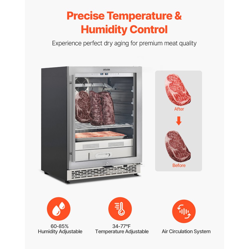 VEVOR 45 KG Dry Aging Fridge for Steaks, Dry Ager Refrigerator for Meat with Precise Temperature & Humidity Control, Freestanding & Under Counter Beef Aging Machine for Home Kitchen Restaurant Hotel